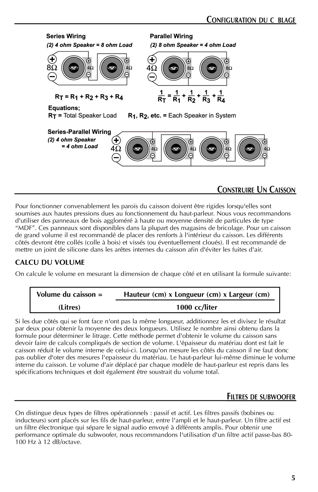 Rockford Fosgate RFP4412, RFP4812 Configuration DU Câblage Construire UN Caisson, Calcu DU Volume, Filtres DE Subwoofer 