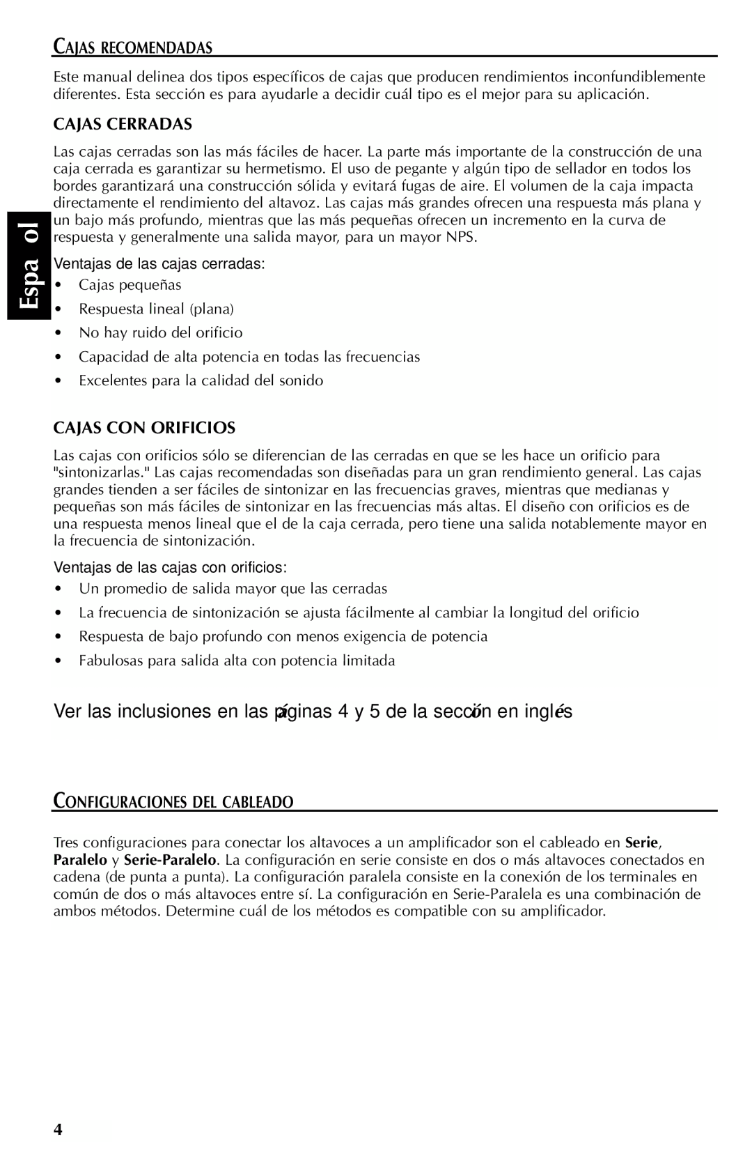 Rockford Fosgate RFP4406, RFP4812 Cajas Recomendadas, Cajas Cerradas, Cajas CON Orificios, Configuraciones DEL Cableado 