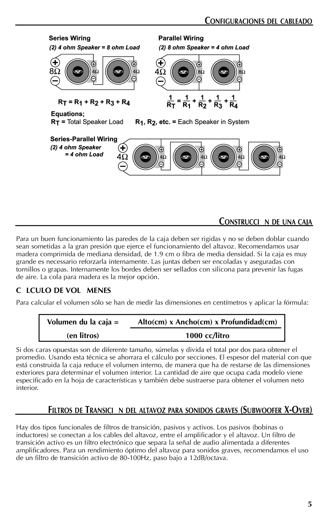 Rockford Fosgate RFP4808 manual Configuraciones DEL Cableado Construcción DE UNA Caja, Cálculo DE Volúmenes, 1000 cc/litro 