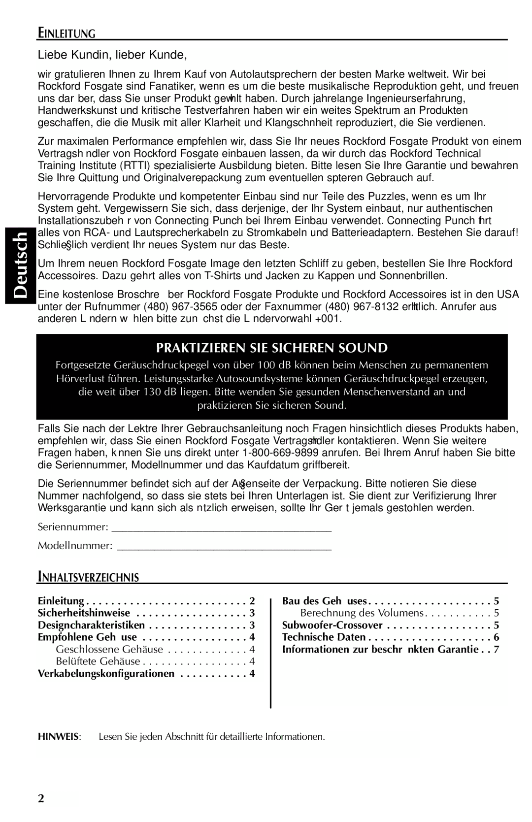 Rockford Fosgate RFP4806, RFP4812, RFP4815, RFP4412, RFP4408 manual Einleitung, Inhaltsverzeichnis, Verkabelungskonfigurationen 