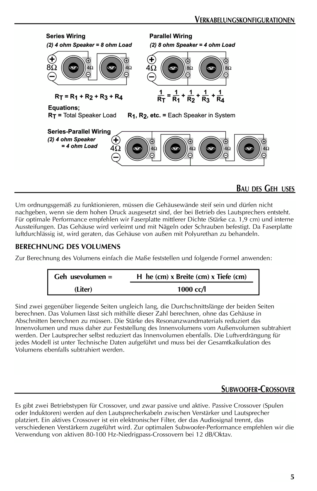 Rockford Fosgate RFP4415 manual Verkabelungskonfigurationen BAU DES Gehäuses, Berechnung DES Volumens, Subwoofer-Crossover 