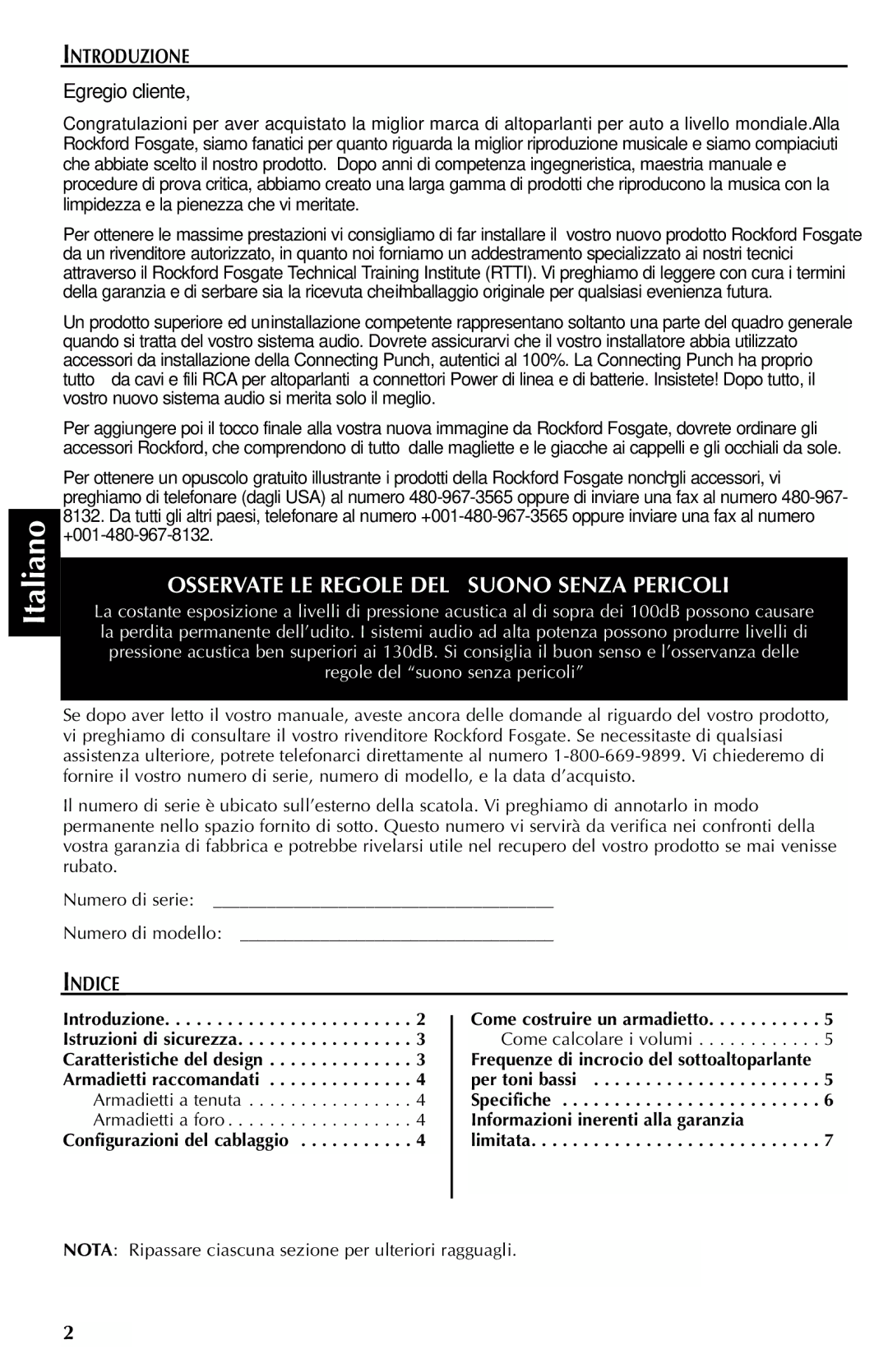 Rockford Fosgate RFP4406, RFP4812, RFP4815, RFP4806, RFP4412, RFP4408 manual Introduzione, Indice, Configurazioni del cablaggio 