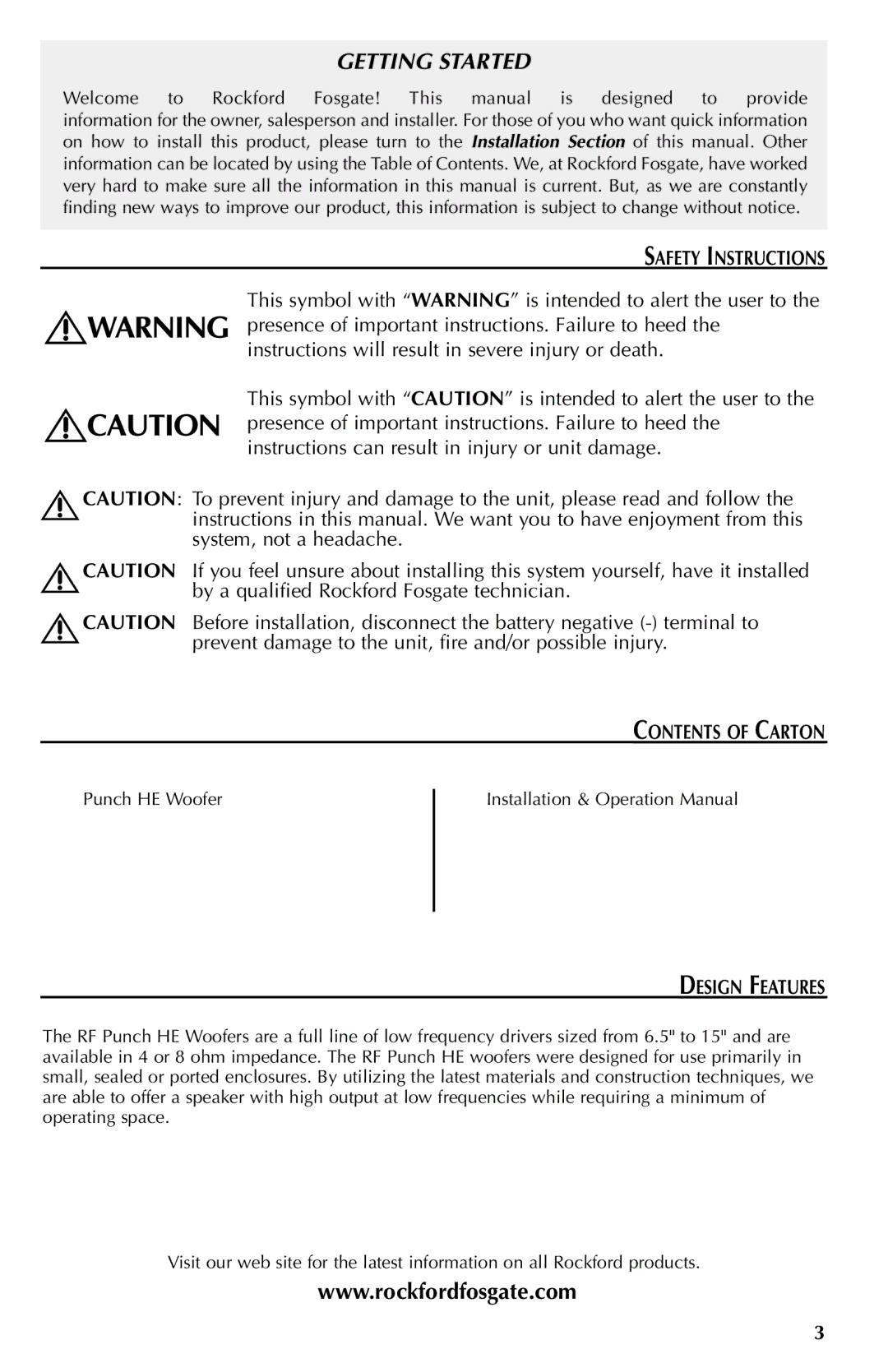 Rockford Fosgate RFP4412, RFP4812, RFP4815, RFP4806, RFP4408, RFP4415 Safety Instructions, Contents of Carton, Design Features 