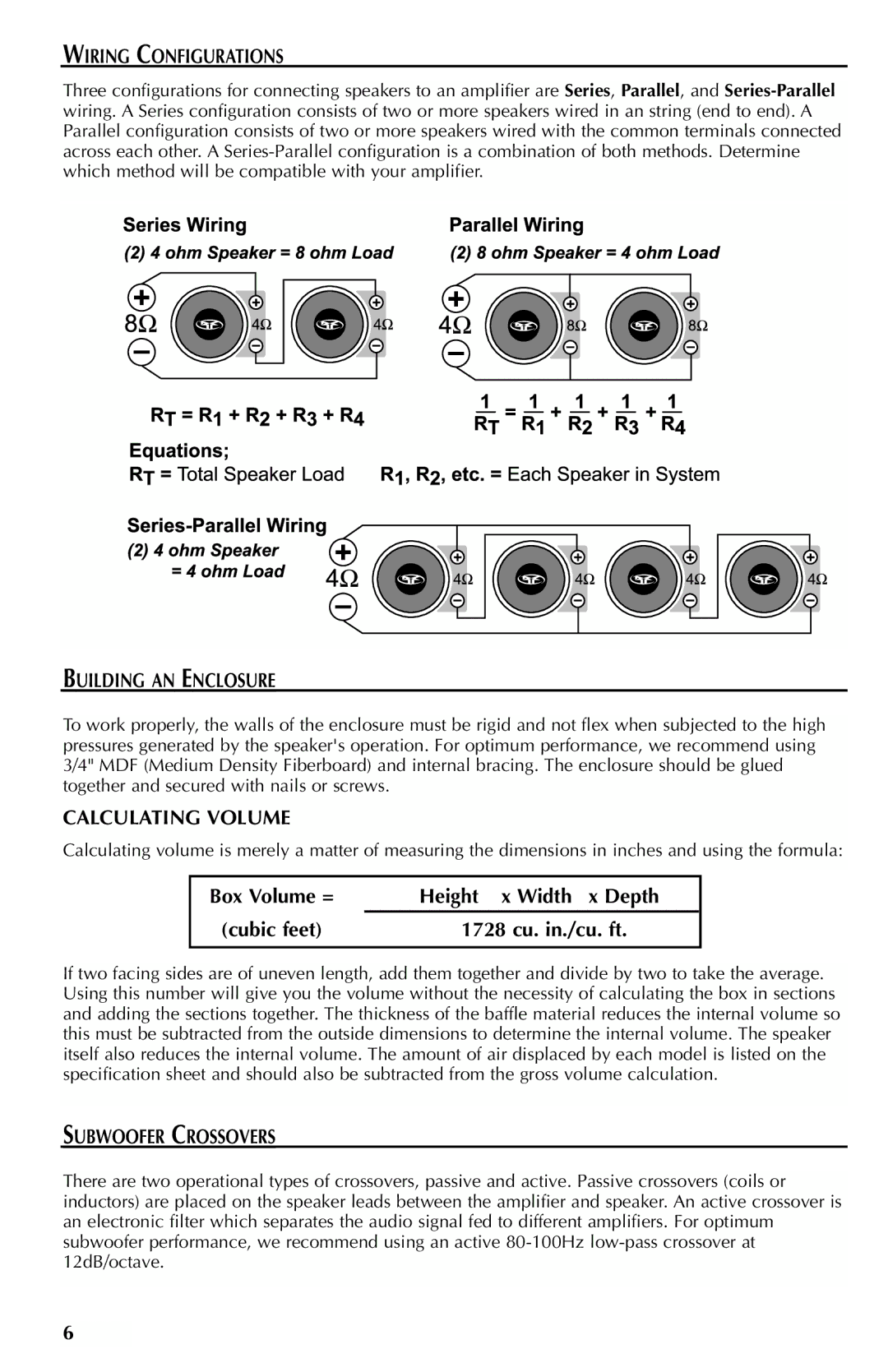 Rockford Fosgate RFP4810, RFP4812 Wiring Configurations, Building AN Enclosure, Calculating Volume, Subwoofer Crossovers 