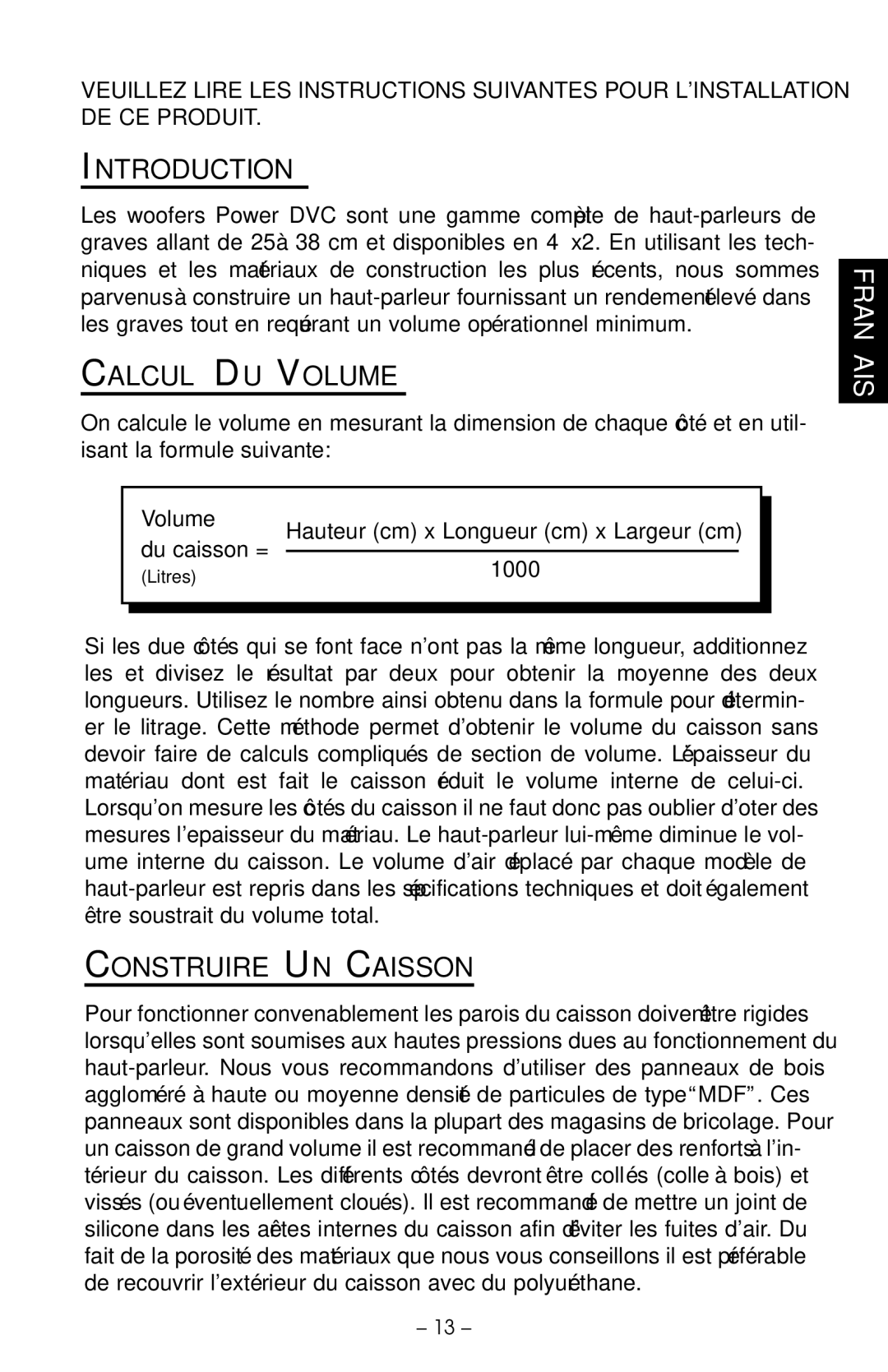 Rockford Fosgate RFP2208, RFR2215, RFP2210, RFD1210, RFP2215 manual Calcul DU Volume, Construire UN Caisson, Du caisson = 1000 