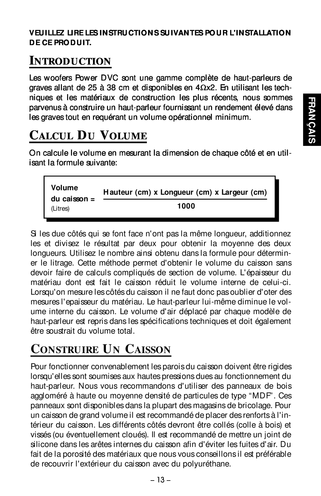 Rockford Fosgate RFP2208, RFR2215 manual Calcul Du Volume, Construire Un Caisson, Français, Introduction, du caisson =, 1000 