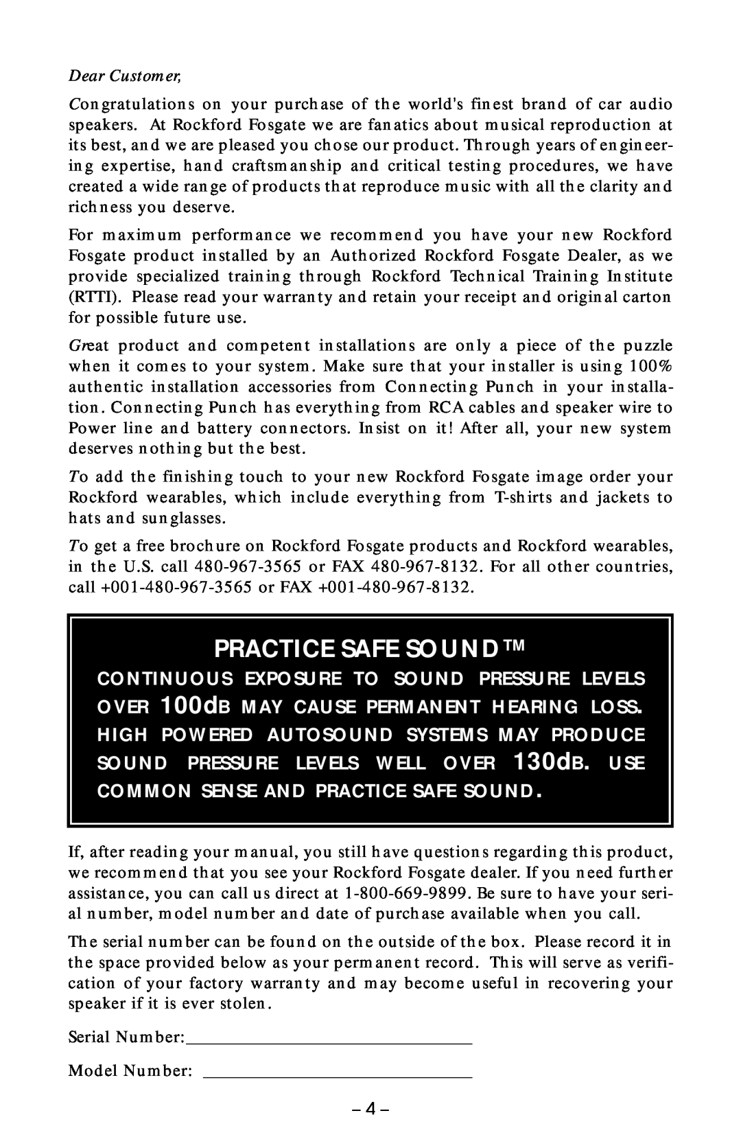 Rockford Fosgate RFP2215, RFR2215, RFP2208, RFP2210, RFD1210, RFD1218, RFD1212, RFR2210 manual Practice Safe Sound, Dear Customer 