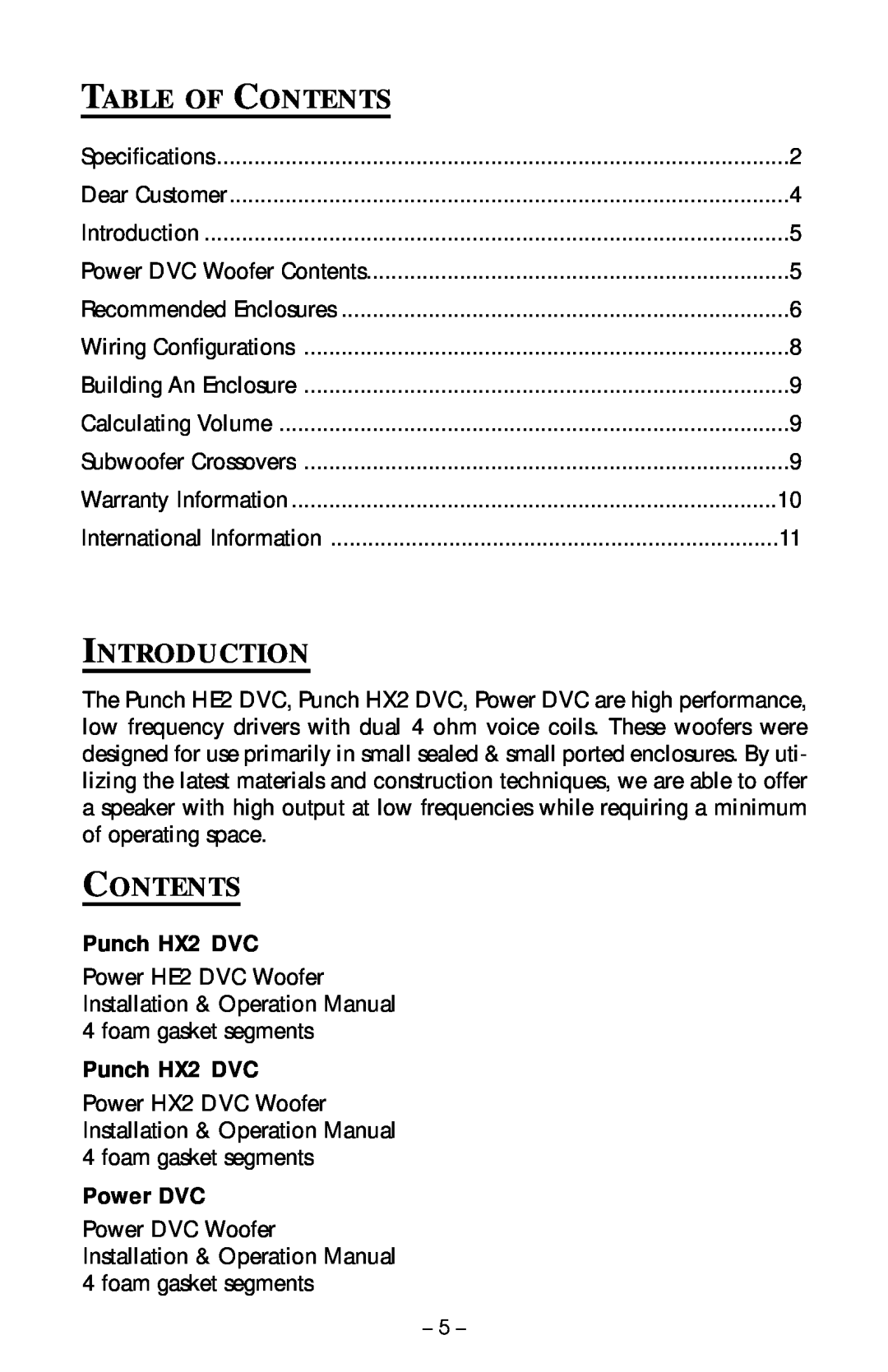 Rockford Fosgate RFD1218, RFR2215, RFP2208, RFP2210, RFD1210 manual Table Of Contents, Introduction, Punch HX2 DVC, Power DVC 