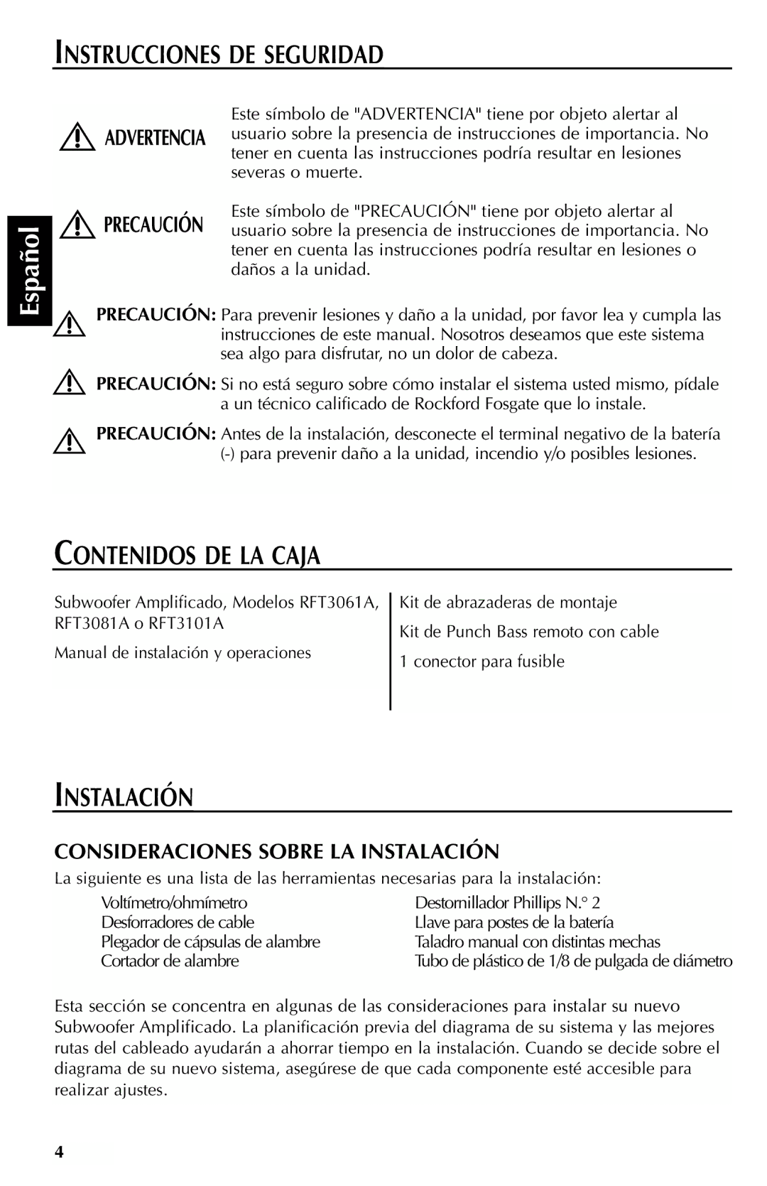 Rockford Fosgate RFT3081A, RFT3061A, RFT3101A manual Instrucciones DE Seguridad, Contenidos DE LA Caja, Instalación 