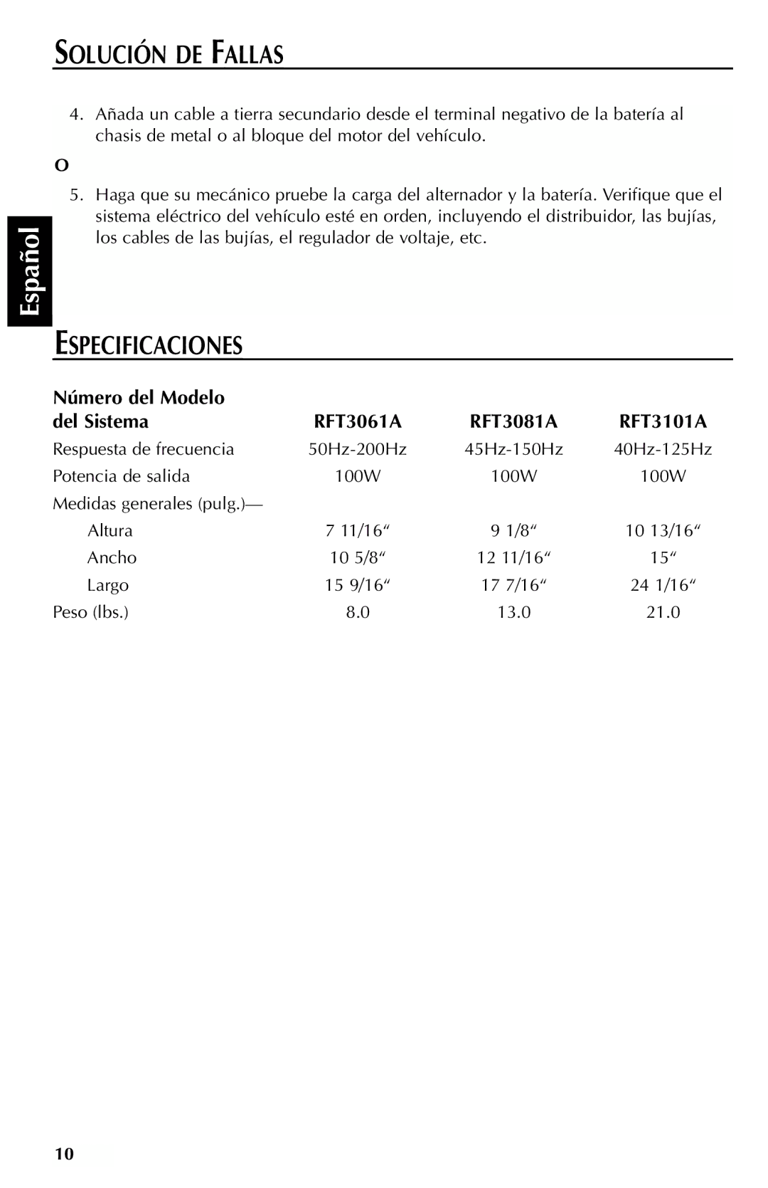 Rockford Fosgate RFT3081A, RFT3061A, RFT3101A manual Especificaciones, Número del Modelo Del Sistema 