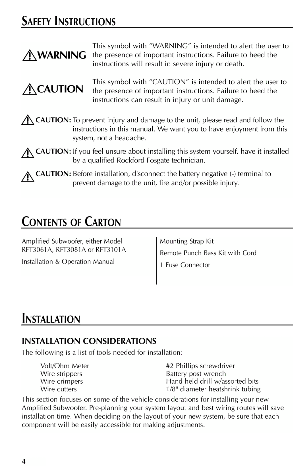 Rockford Fosgate RFT3061A, RFT3081A, RFT3101A manual Safety Instructions, Contents of Carton, Installation 