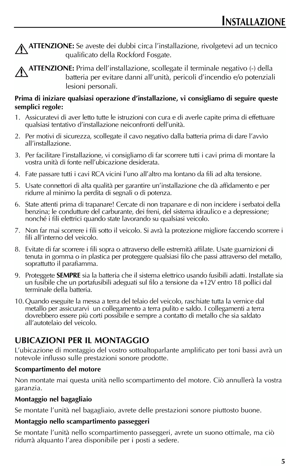 Rockford Fosgate RFT3081A Installazione, Ubicazioni PER IL Montaggio, Scompartimento del motore, Montaggio nel bagagliaio 