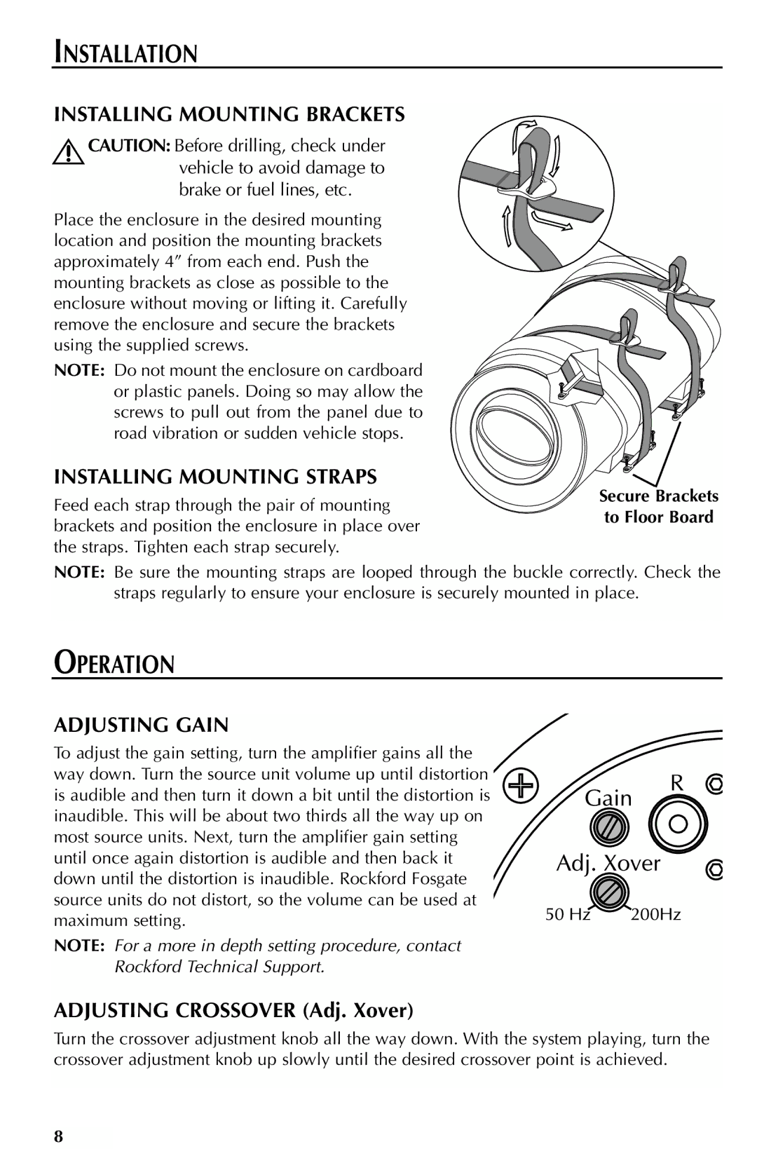 Rockford Fosgate RFT3101A, RFT3081A Operation, Installing Mounting Brackets, Installing Mounting Straps, Adjusting Gain 