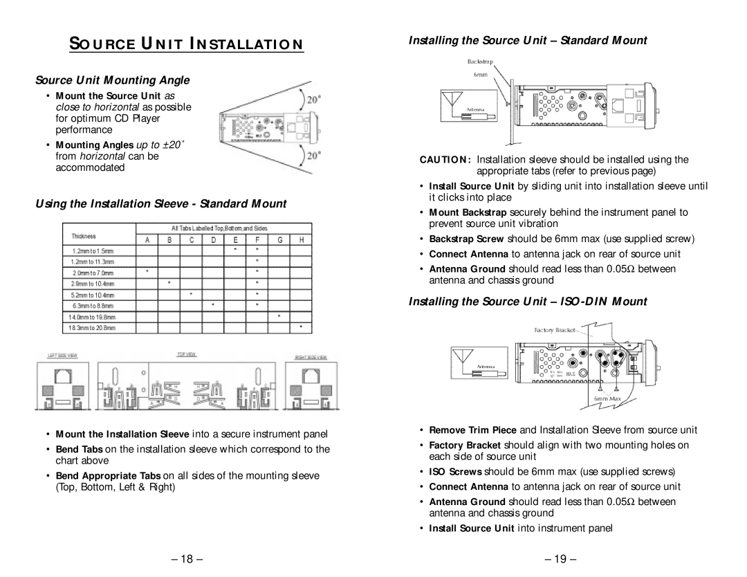 Rockford Fosgate RFX8220 Source Unit Installation, Source Unit Mounting Angle, Installing the Source Unit Standard Mount 