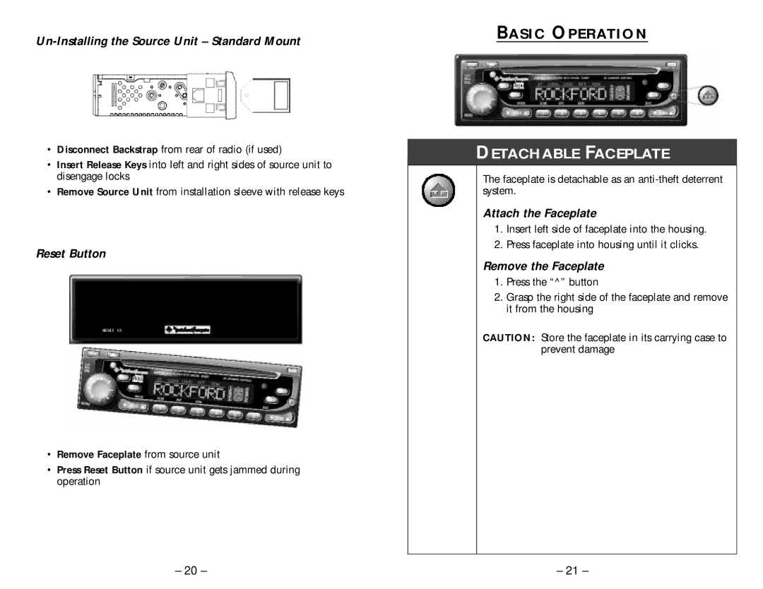 Rockford Fosgate RFX8230, RFX8210, RFX8220 manual Detachable Faceplate, Basic Operation 