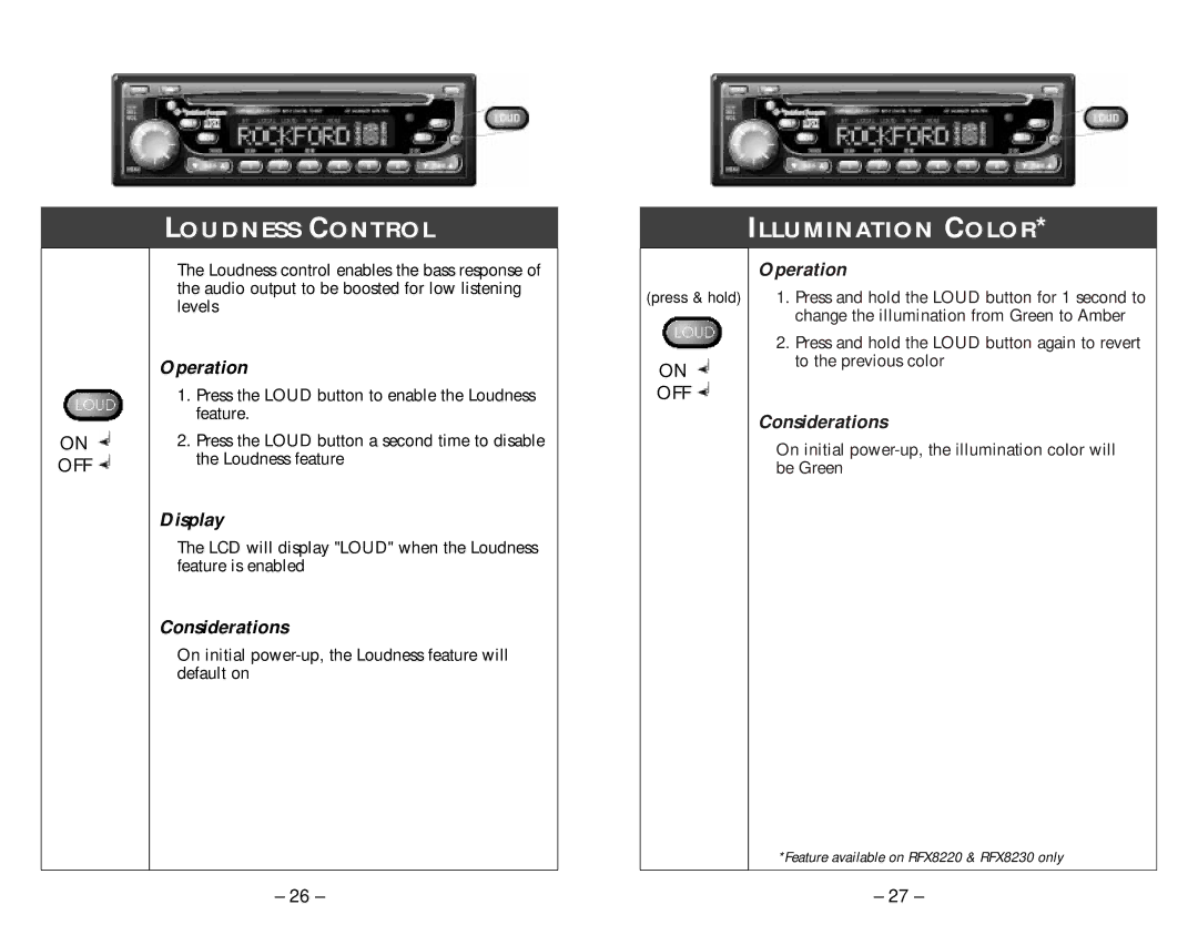 Rockford Fosgate RFX8230, RFX8210, RFX8220 manual Loudness Control Illumination Color, Display 