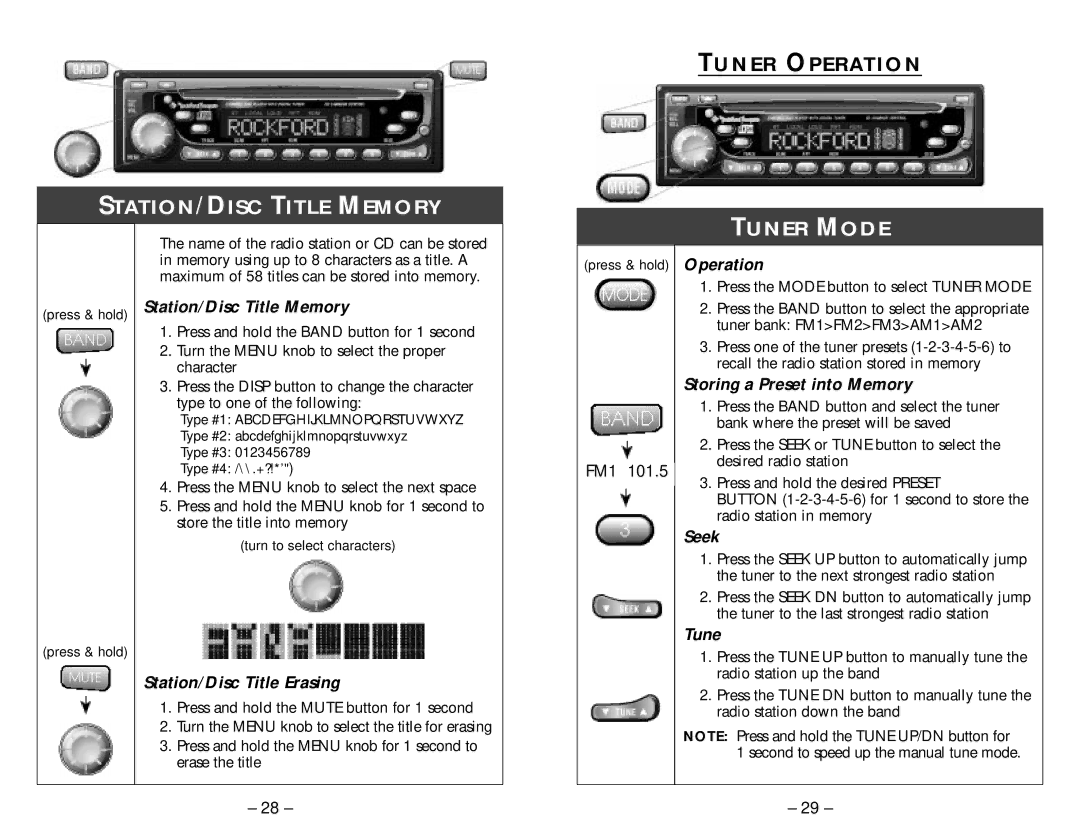 Rockford Fosgate RFX8210, RFX8230, RFX8220 manual STATION/DISC Title Memory, Tuner Mode, Tuner Operation 