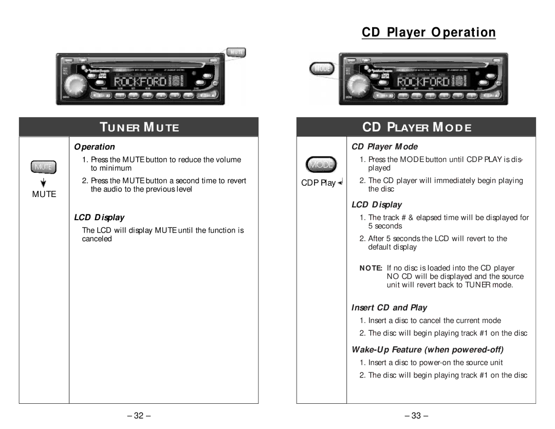 Rockford Fosgate RFX8230, RFX8210, RFX8220 Tuner Mute, CD Player Mode, Insert CD and Play, Wake-Up Feature when powered-off 