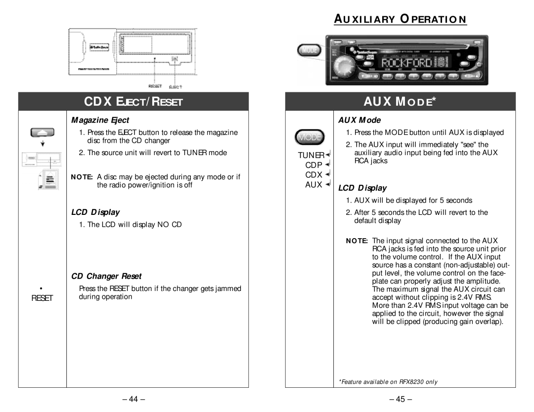 Rockford Fosgate RFX8230, RFX8210, RFX8220 Cdx Eject/Reset, Auxiliary Operation, Magazine Eject, CD Changer Reset, AUX Mode 