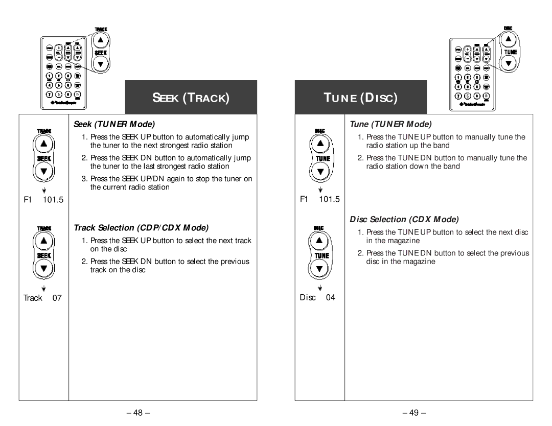 Rockford Fosgate RFX8220, RFX8230, RFX8210 manual Seek Track, Tune Disc 