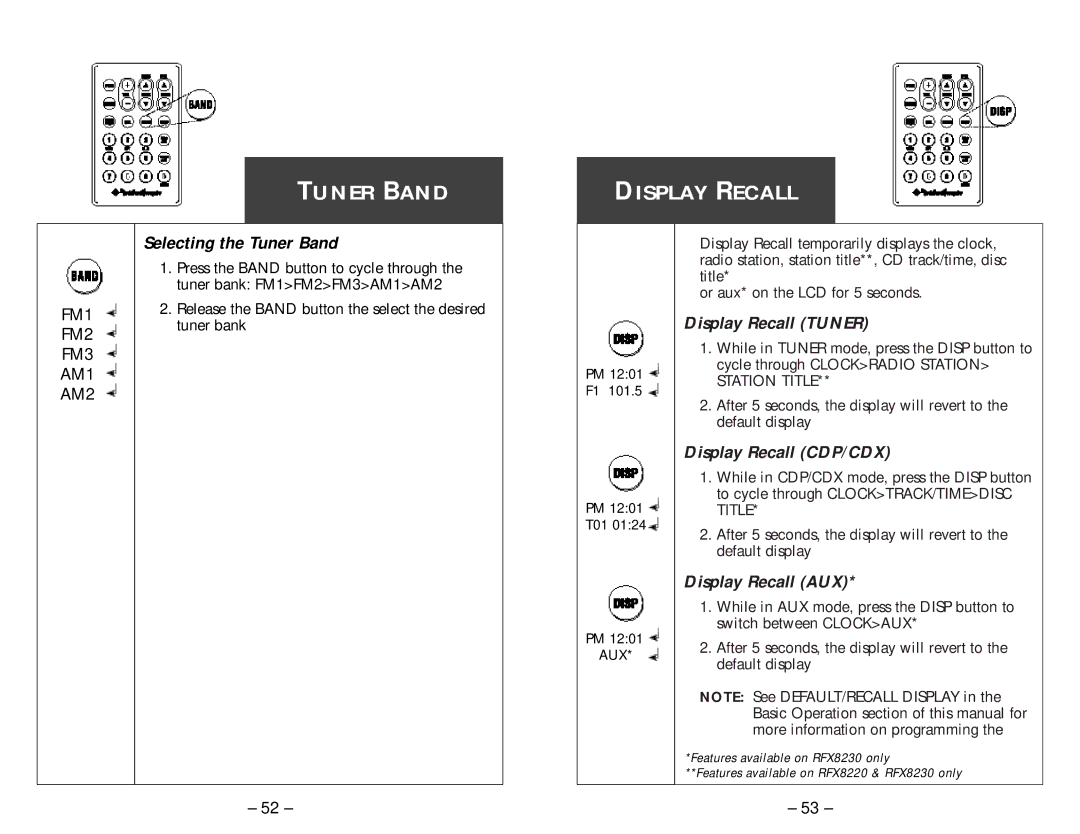 Rockford Fosgate RFX8210, RFX8230, RFX8220 manual Tuner Band Display Recall, Selecting the Tuner Band 