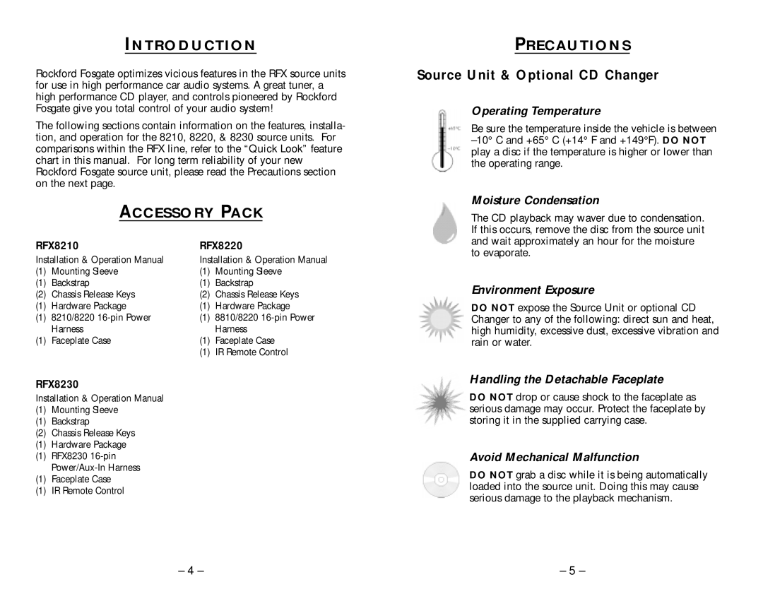 Rockford Fosgate RFX8210, RFX8230, RFX8220 manual Introduction, Accessory Pack, Precautions 