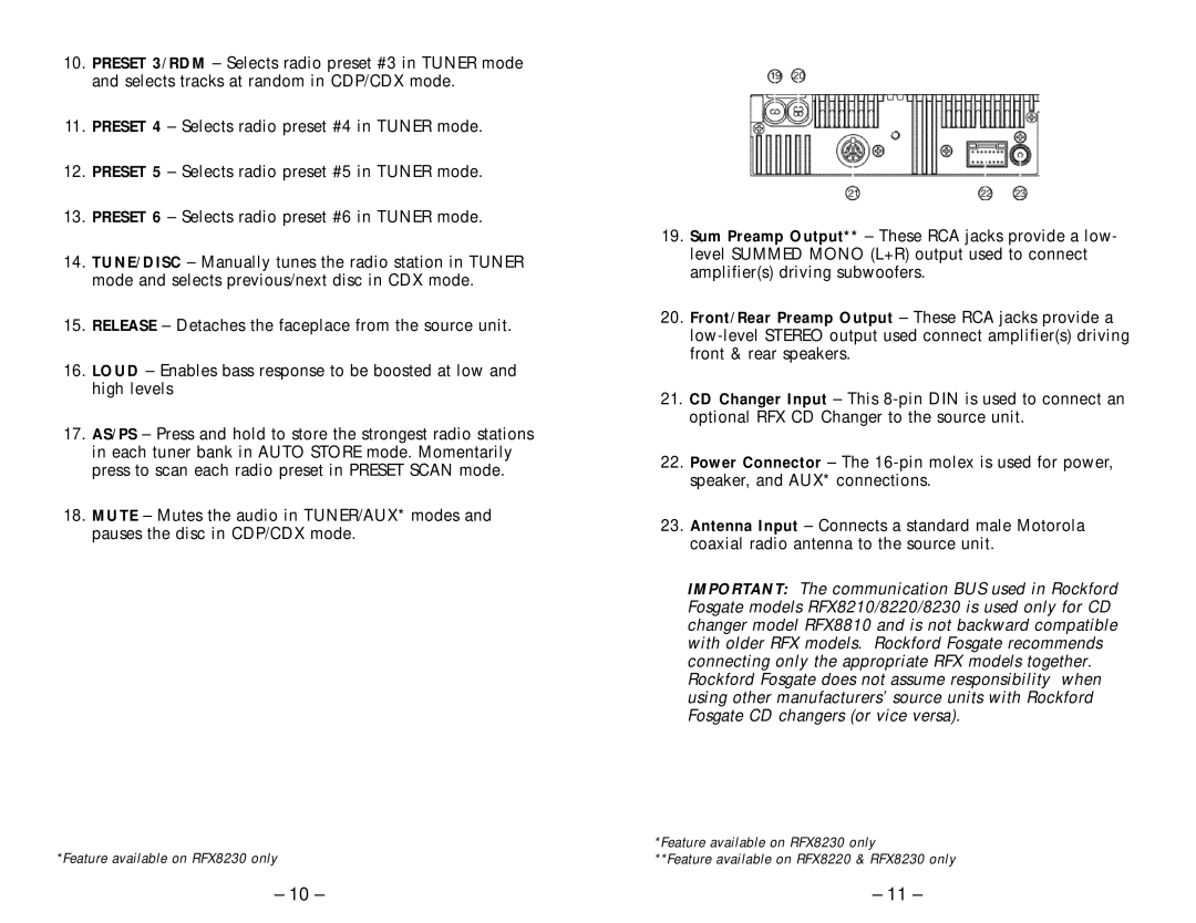 Rockford Fosgate RFX8210, RFX8220 manual Feature available on RFX8230 only 