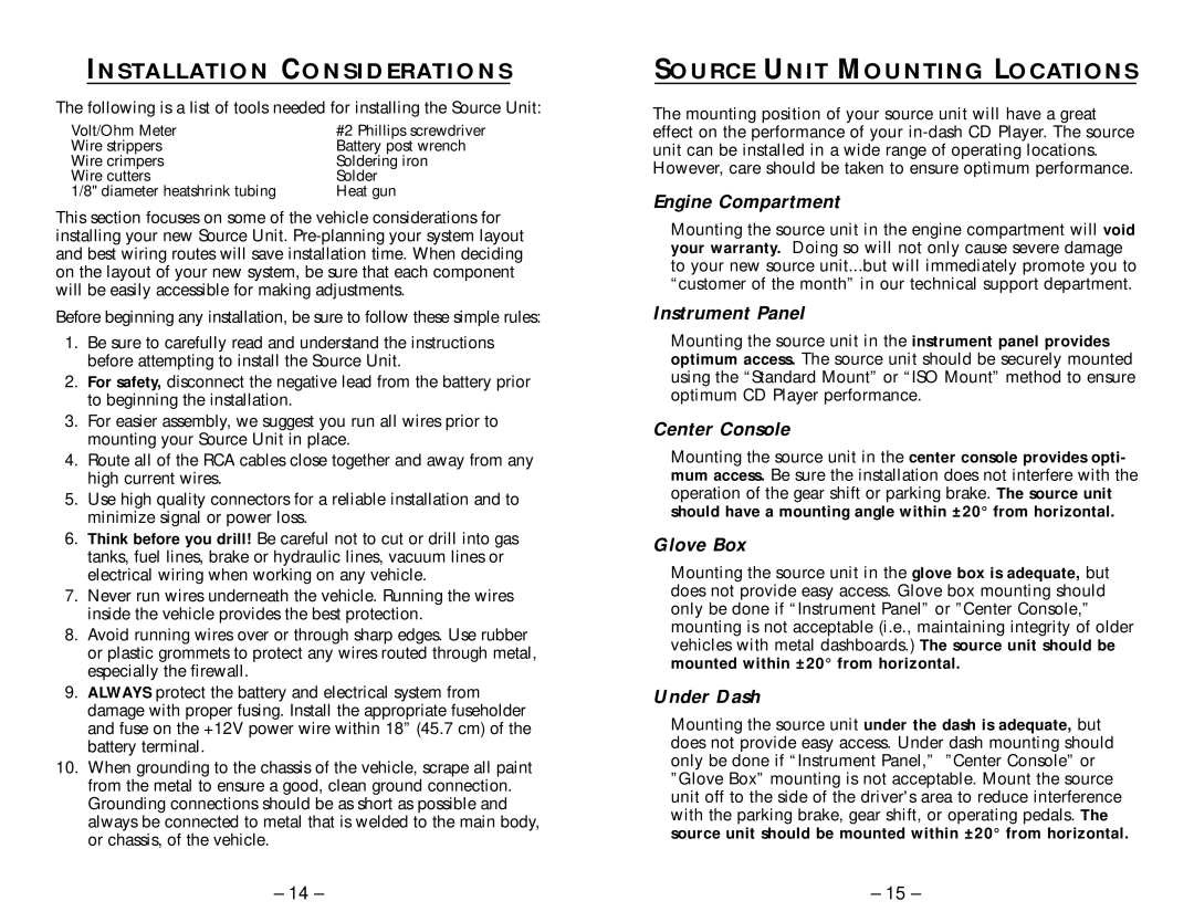 Rockford Fosgate RFX8230, RFX8210, RFX8220 manual Installation Considerations, Source Unit Mounting Locations 