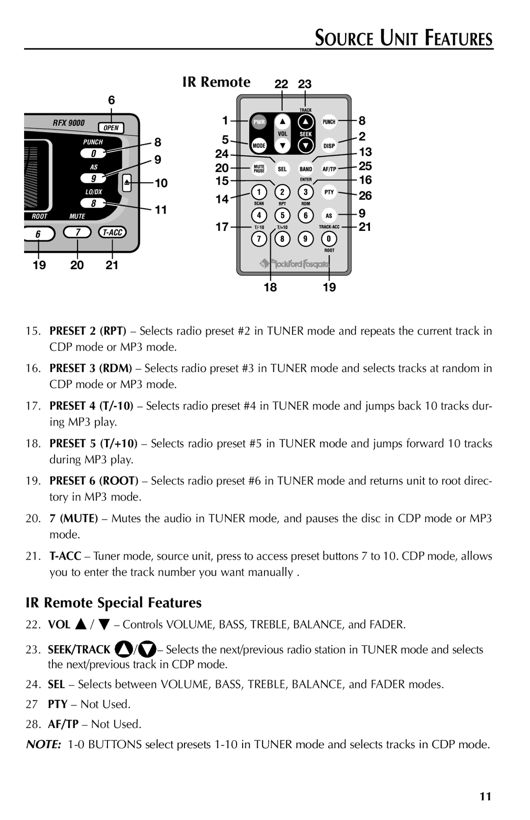 Rockford Fosgate RFX9000 manual IR Remote Special Features, 19 20 