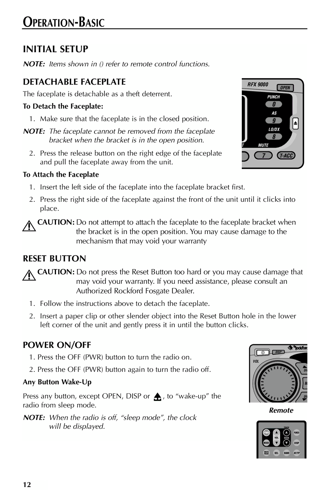 Rockford Fosgate RFX9000 manual Operation-Basic, Detachable Faceplate, Reset Button, Power ON/OFF 