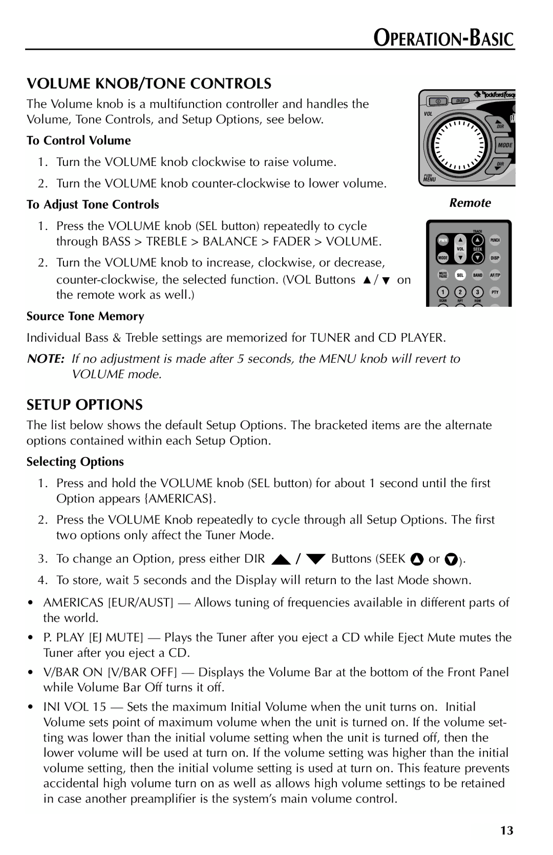 Rockford Fosgate RFX9000 manual Volume KNOB/TONE Controls, Setup Options 