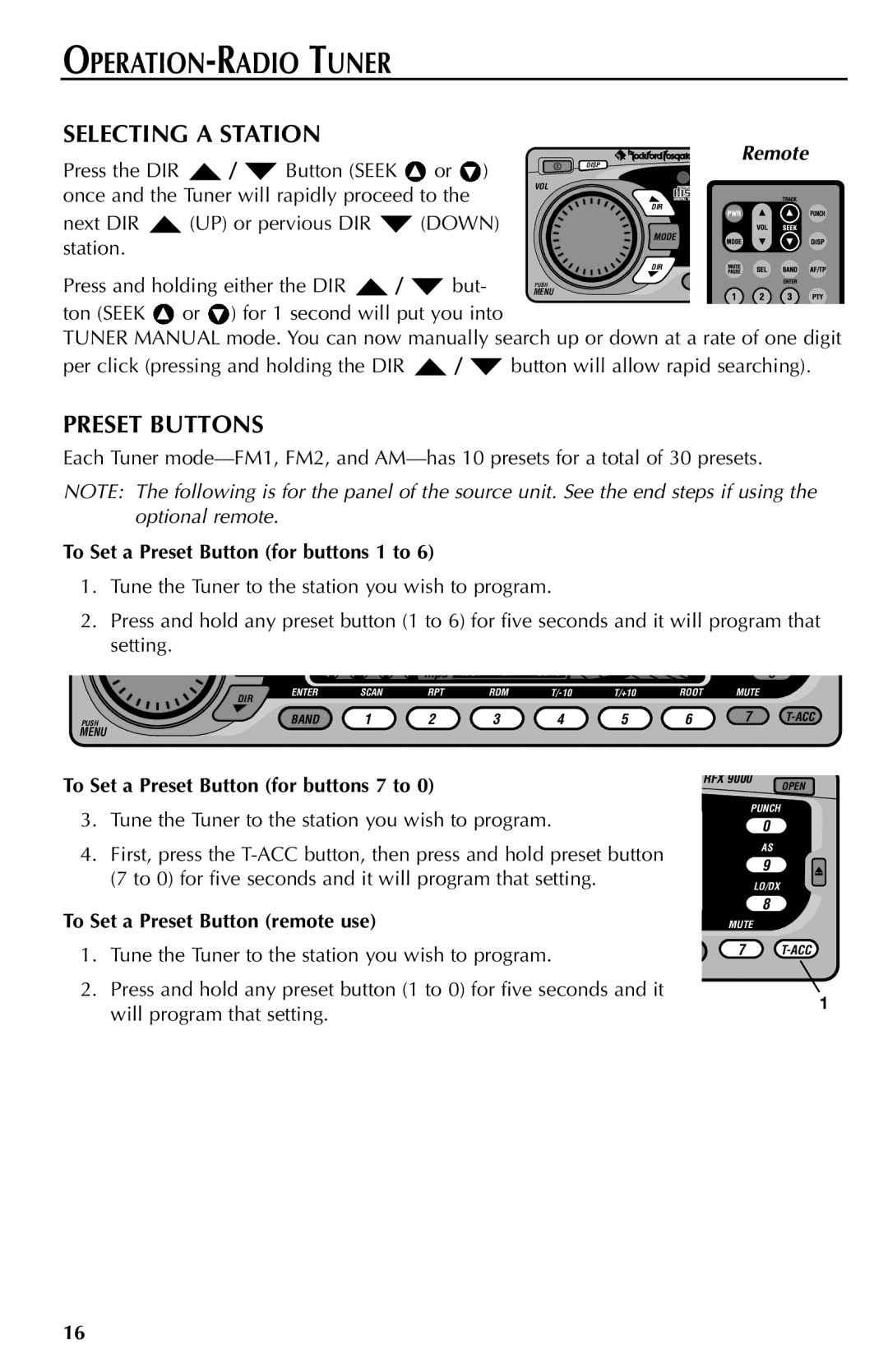 Rockford Fosgate RFX9000 manual Selecting a Station, Preset Buttons, To Set a Preset Button for buttons 1 to 