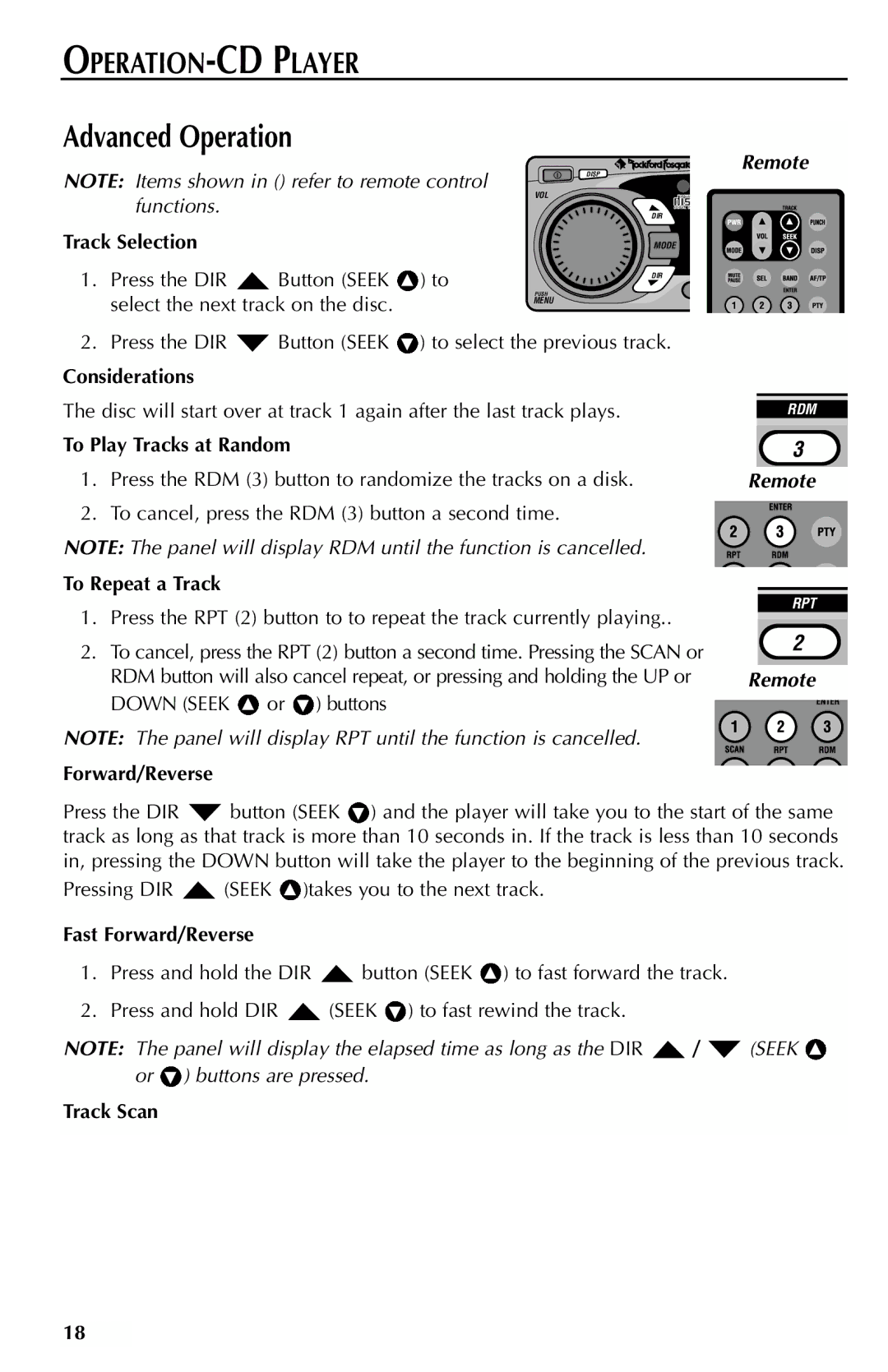 Rockford Fosgate RFX9000 Track Selection, Considerations, To Play Tracks at Random, To Repeat a Track, Forward/Reverse 