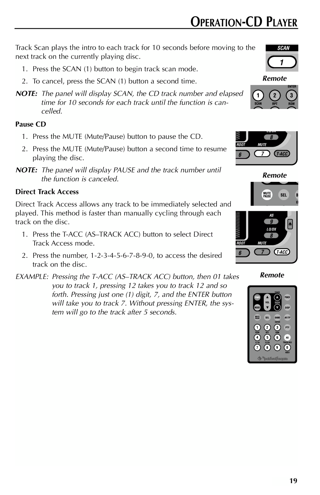 Rockford Fosgate RFX9000 manual Pause CD, Press the Mute Mute/Pause button to pause the CD, Direct Track Access 