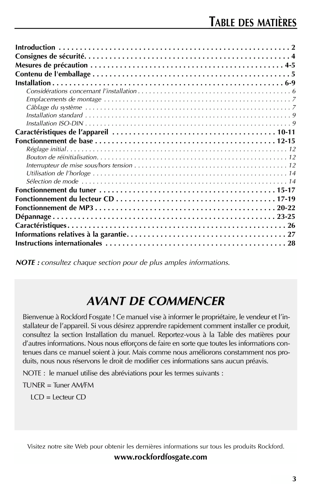 Rockford Fosgate RFX9000 manual Table DES Matières, Caractéristiques de l’appareil -11 Fonctionnement de base 