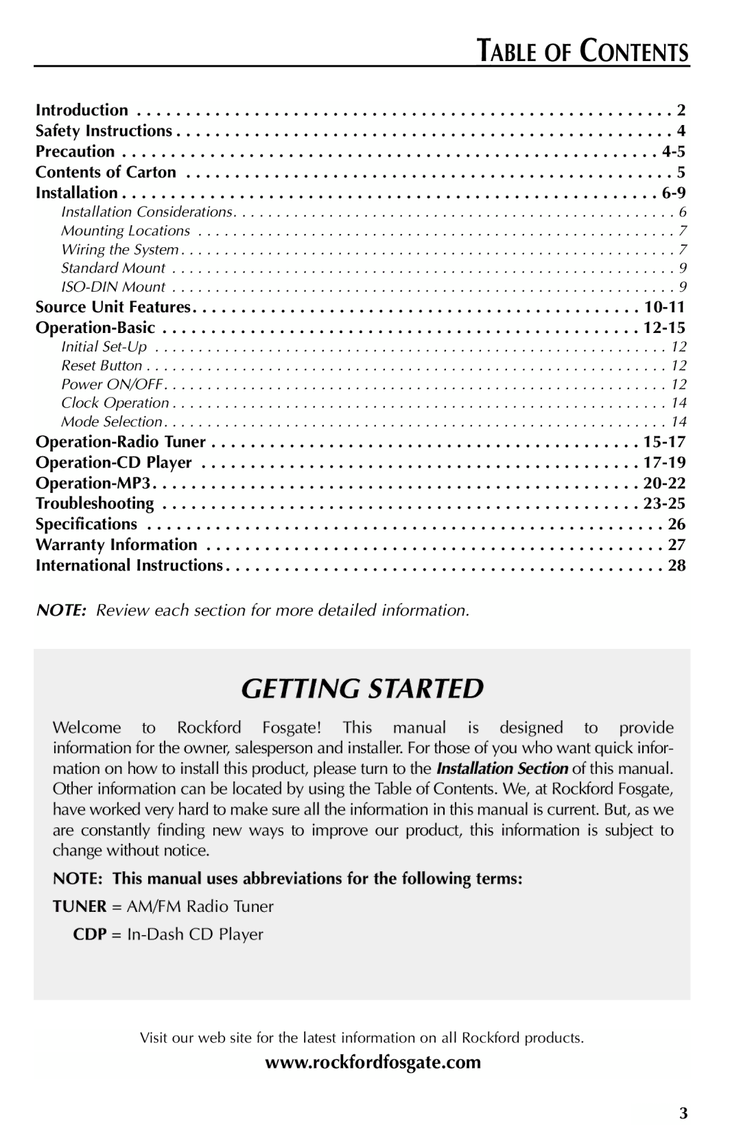 Rockford Fosgate RFX9000 manual Getting Started, Table of Contents 