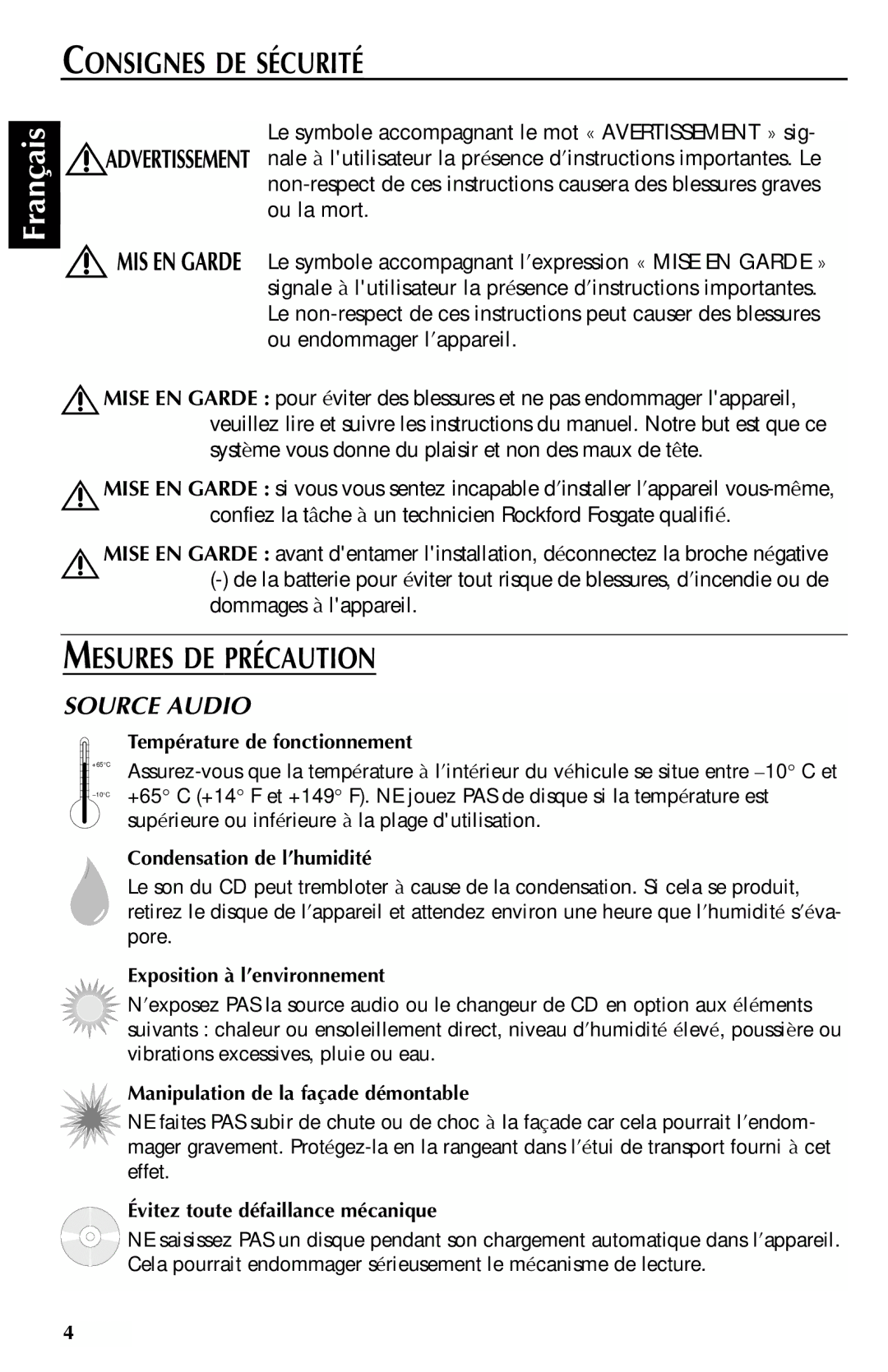 Rockford Fosgate RFX9000 manual Consignes DE Sécurité, Mesures DE Précaution, Source Audio 