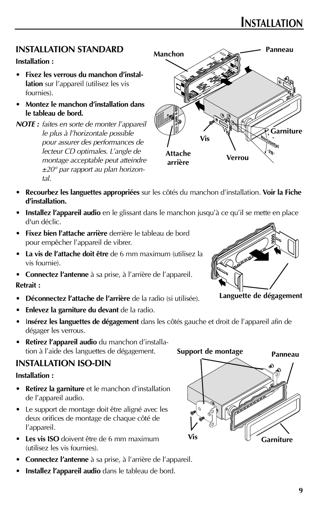 Rockford Fosgate RFX9000 manual Installation Standard, Installation ISO-DIN 