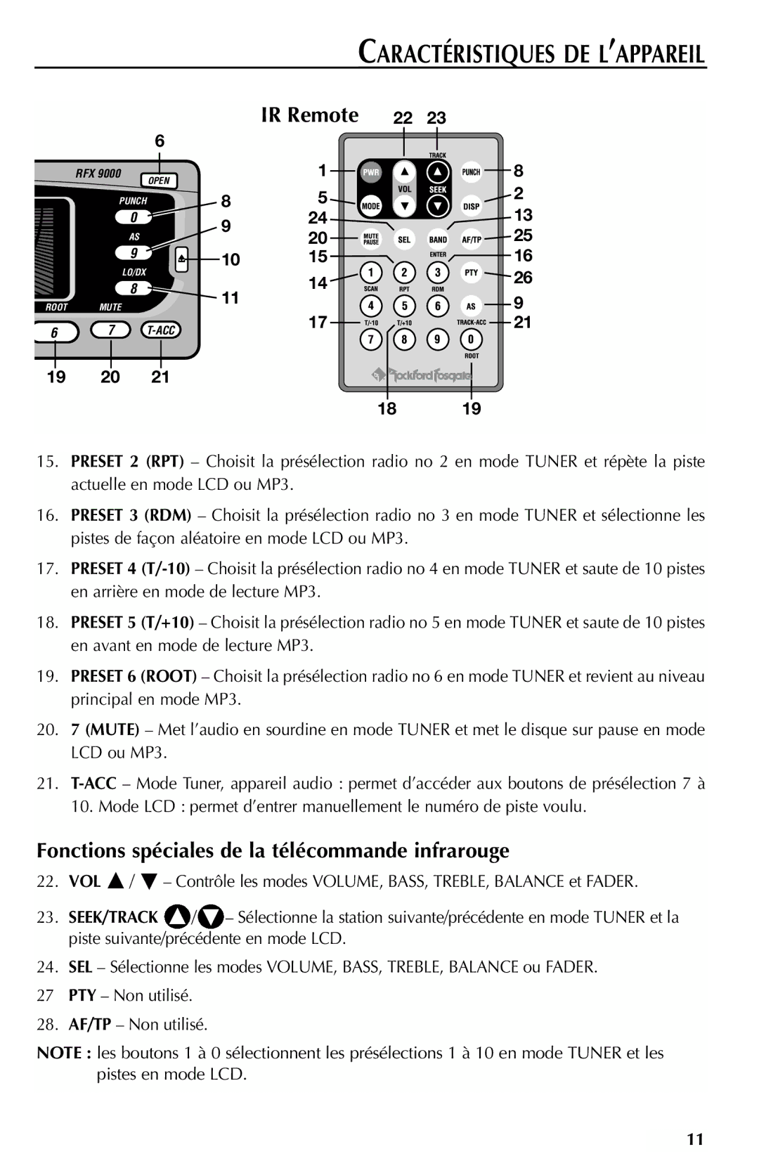 Rockford Fosgate RFX9000 manual IR Remote, Fonctions spéciales de la télécommande infrarouge 