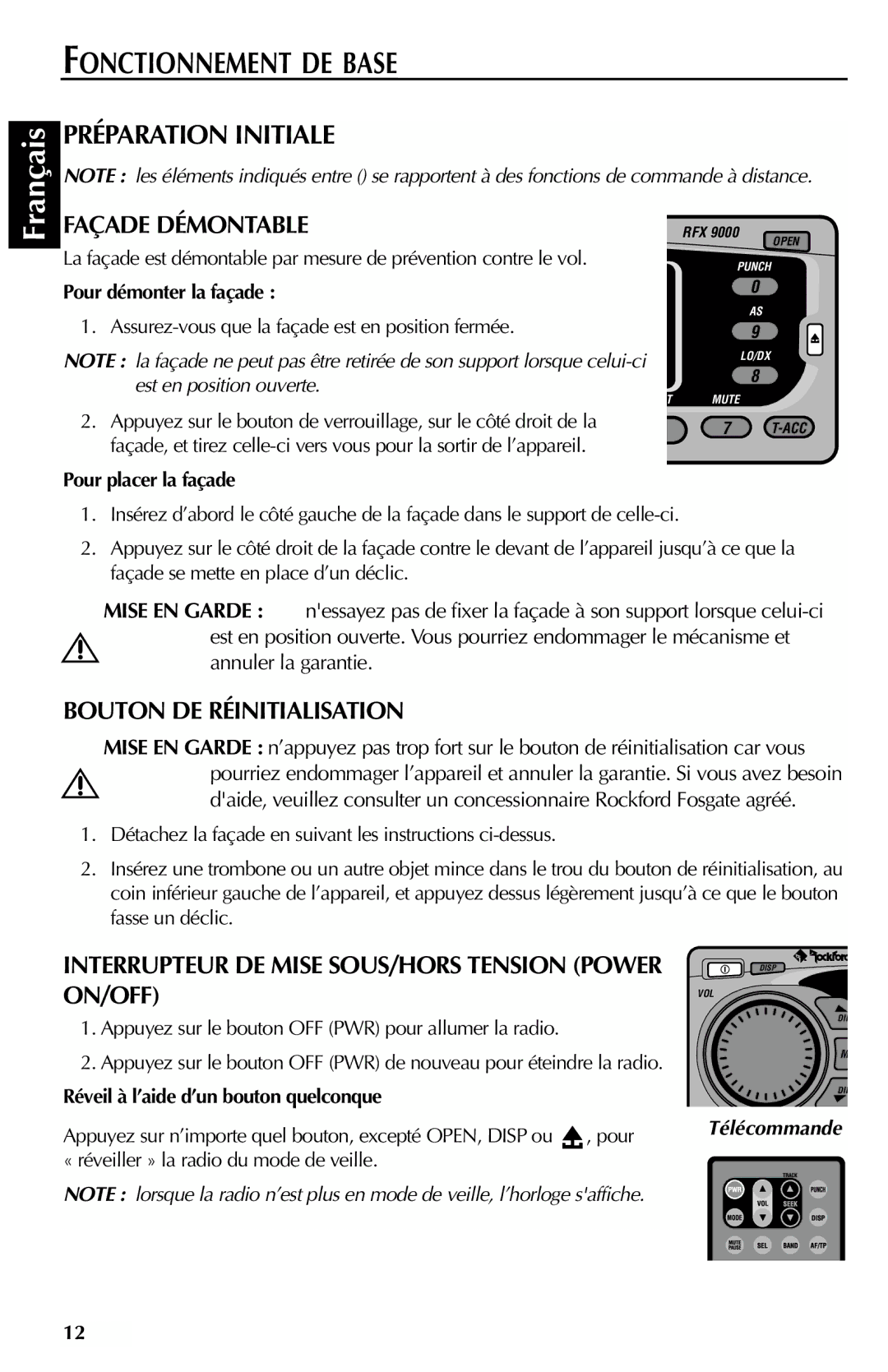 Rockford Fosgate RFX9000 manual Fonctionnement DE Base, Façade Démontable, Bouton DE Réinitialisation 