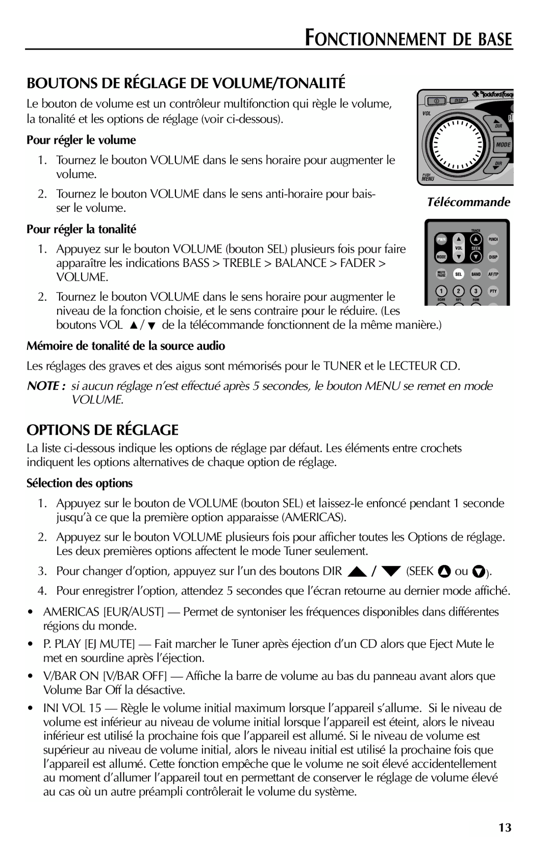 Rockford Fosgate RFX9000 manual Boutons DE Réglage DE VOLUME/TONALITÉ, Options DE Réglage 