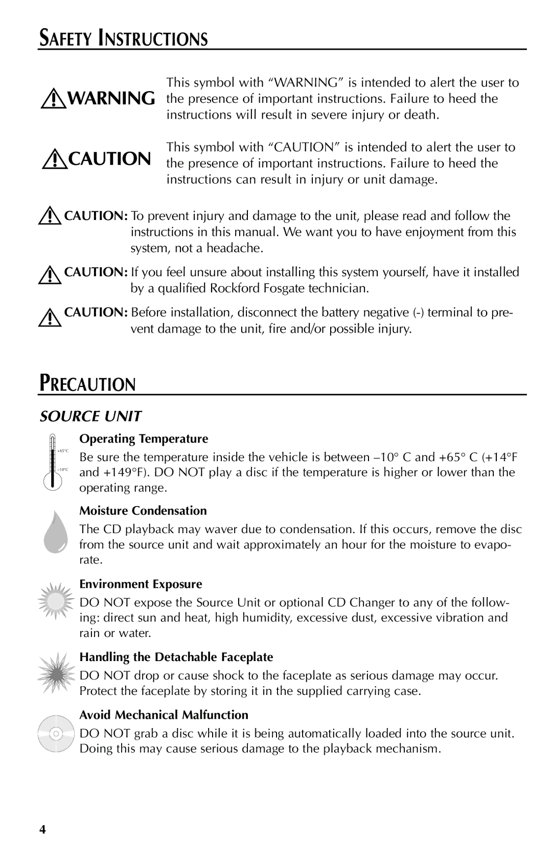 Rockford Fosgate RFX9000 manual Safety Instructions, Precaution, Source Unit 