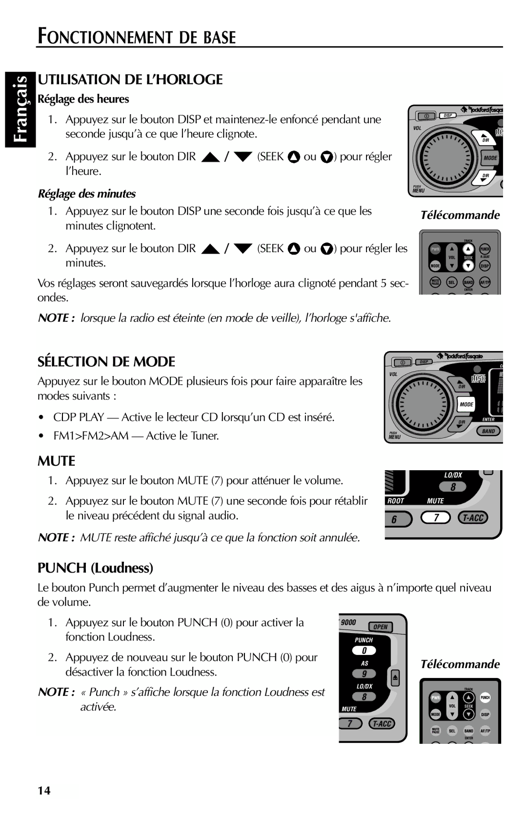 Rockford Fosgate RFX9000 manual Utilisation DE L’HORLOGE, Sélection DE Mode, Réglage des heures 