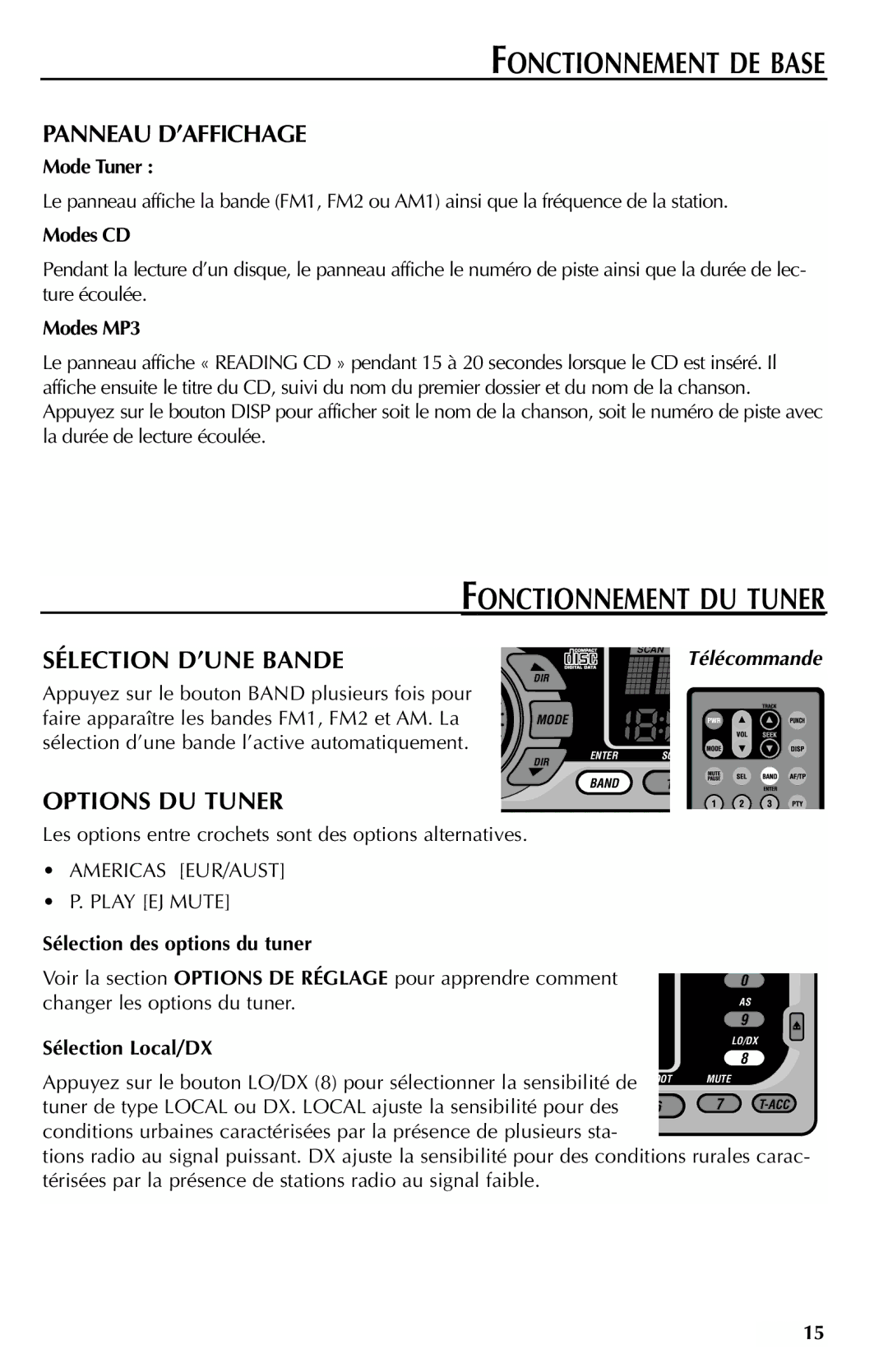 Rockford Fosgate RFX9000 manual Fonctionnement DU Tuner, Panneau D’AFFICHAGE, Sélection D’UNE Bande, Options DU Tuner 