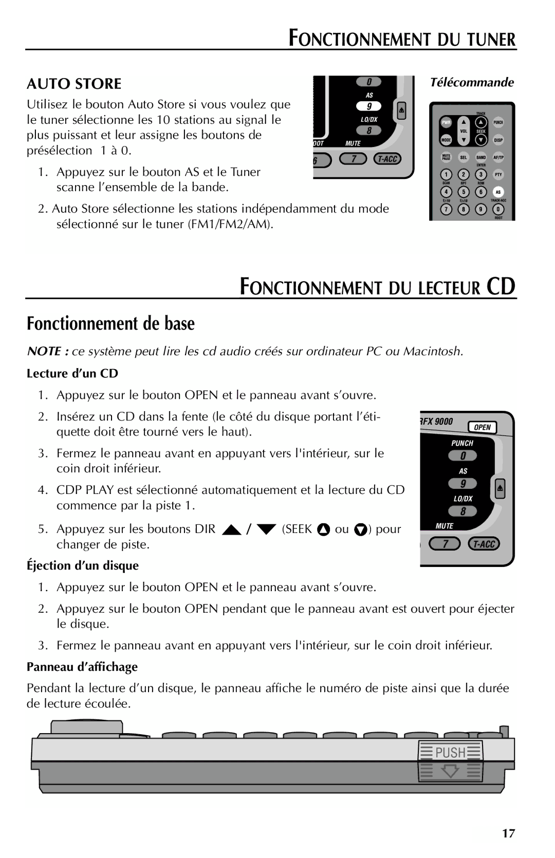 Rockford Fosgate RFX9000 manual Fonctionnement DU Lecteur CD, Lecture d’un CD, Éjection d’un disque, Panneau d’affichage 