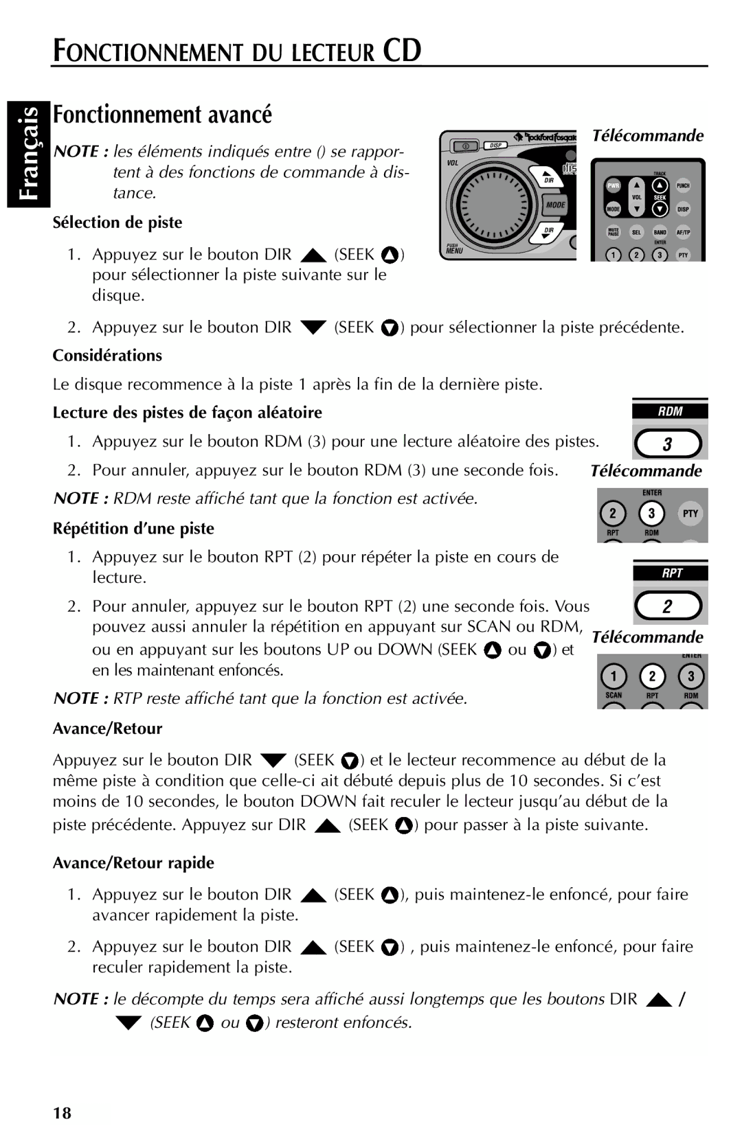 Rockford Fosgate RFX9000 Sélection de piste, Considérations, Lecture des pistes de façon aléatoire, Répétition d’une piste 