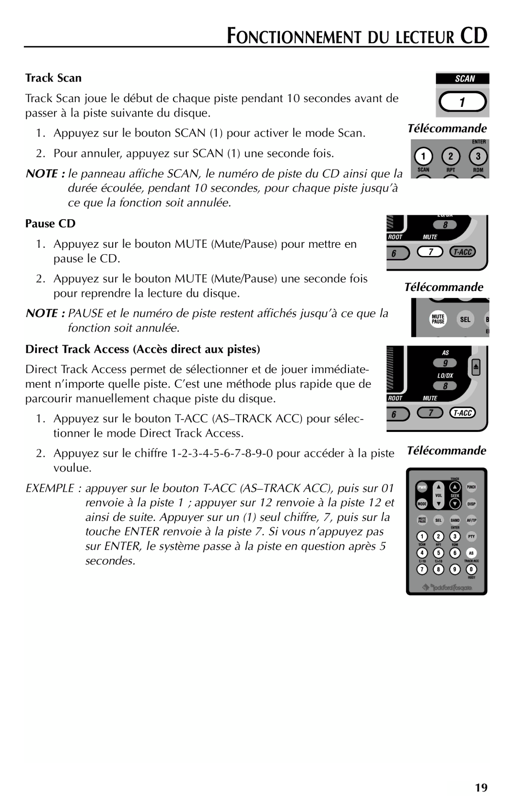 Rockford Fosgate RFX9000 Pour annuler, appuyez sur Scan 1 une seconde fois, Direct Track Access Accès direct aux pistes 