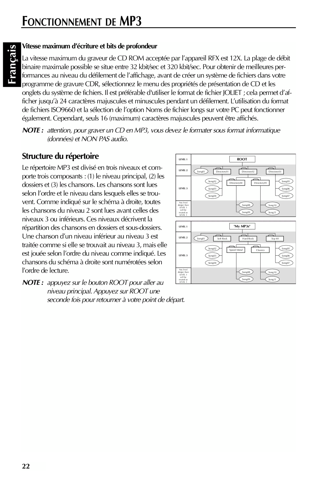 Rockford Fosgate RFX9000 Structure du répertoire, Vitesse maximum d’écriture et bits de profondeur, ’ordre de lecture 