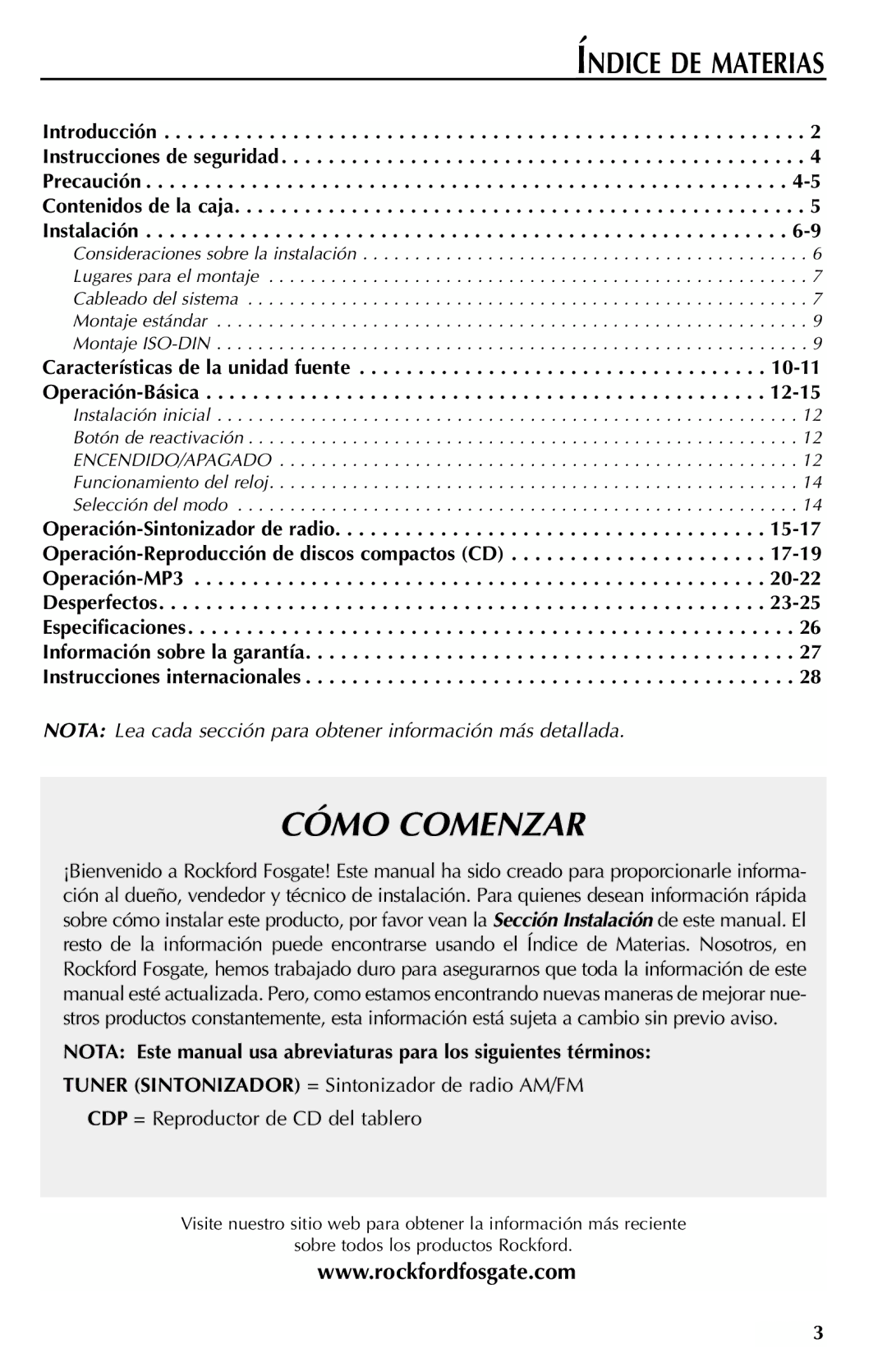 Rockford Fosgate RFX9000 manual Índice DE Materias, Características de la unidad fuente -11 Operación-Básica 