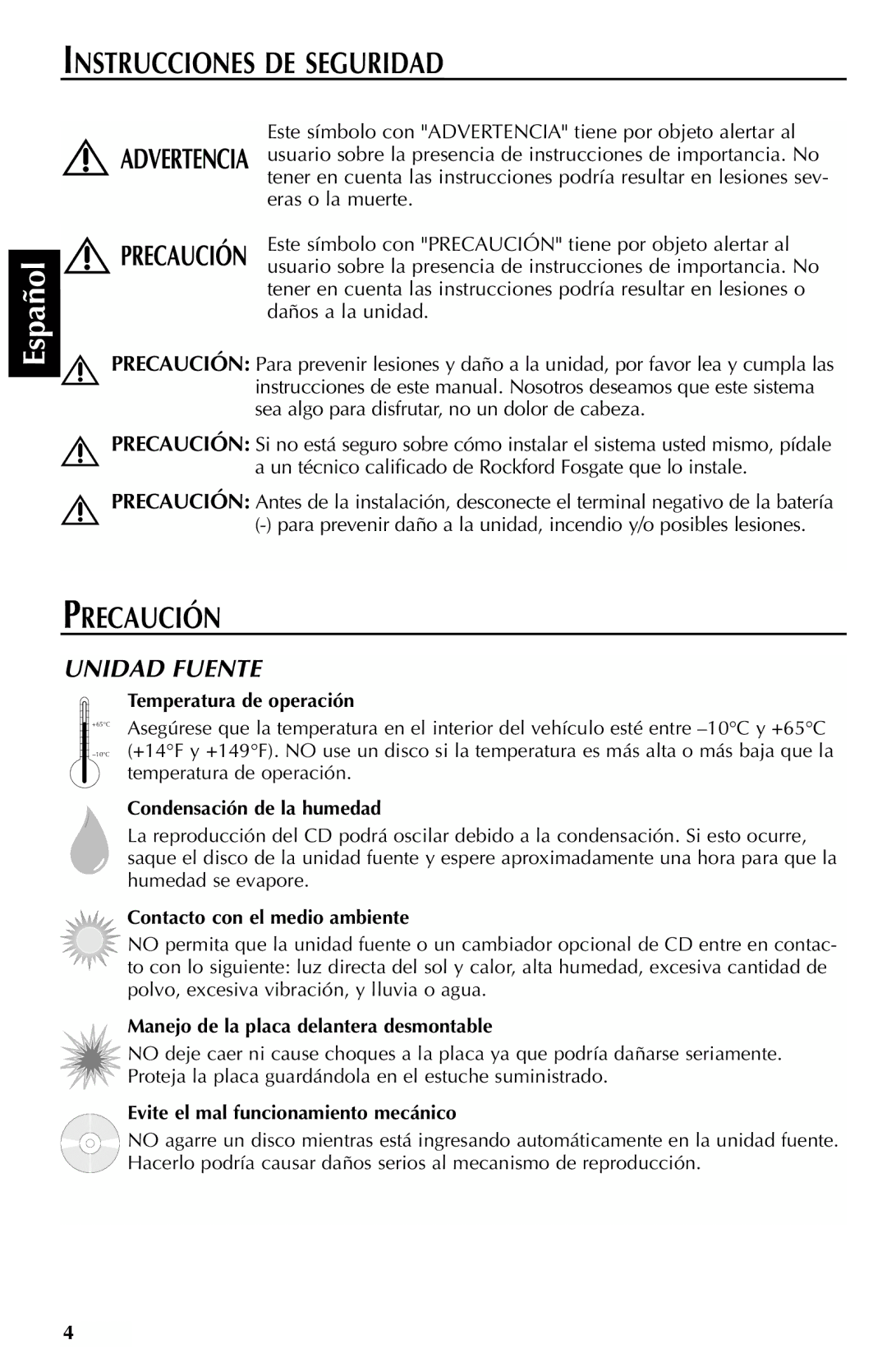 Rockford Fosgate RFX9000 manual Instrucciones DE Seguridad, Precaución, Unidad Fuente 